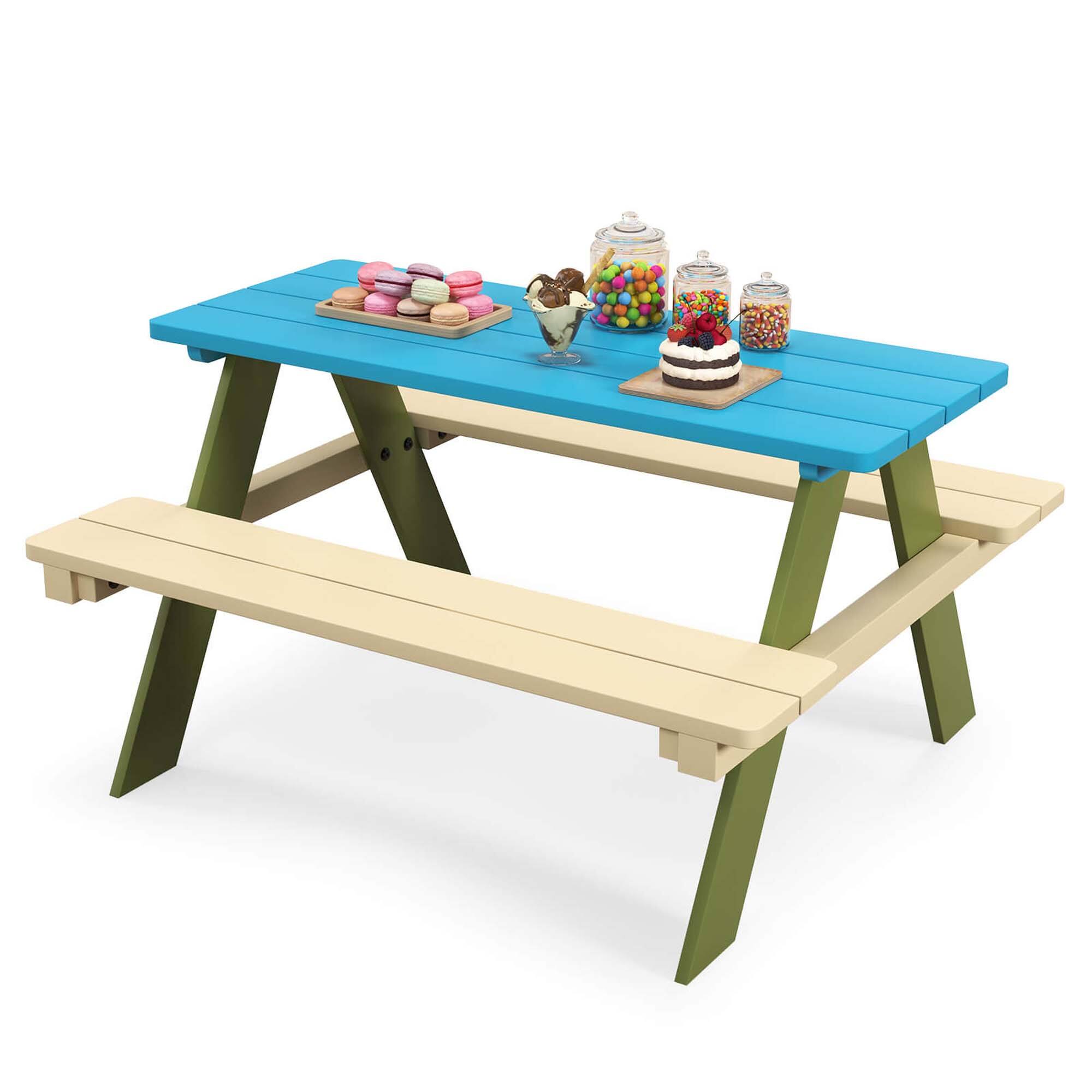 Alt View 6. Costway - Kids Wooden Picnic Table Set Solid Dining Table with Built-in Benches for Patio - Blue + Green + Beige.