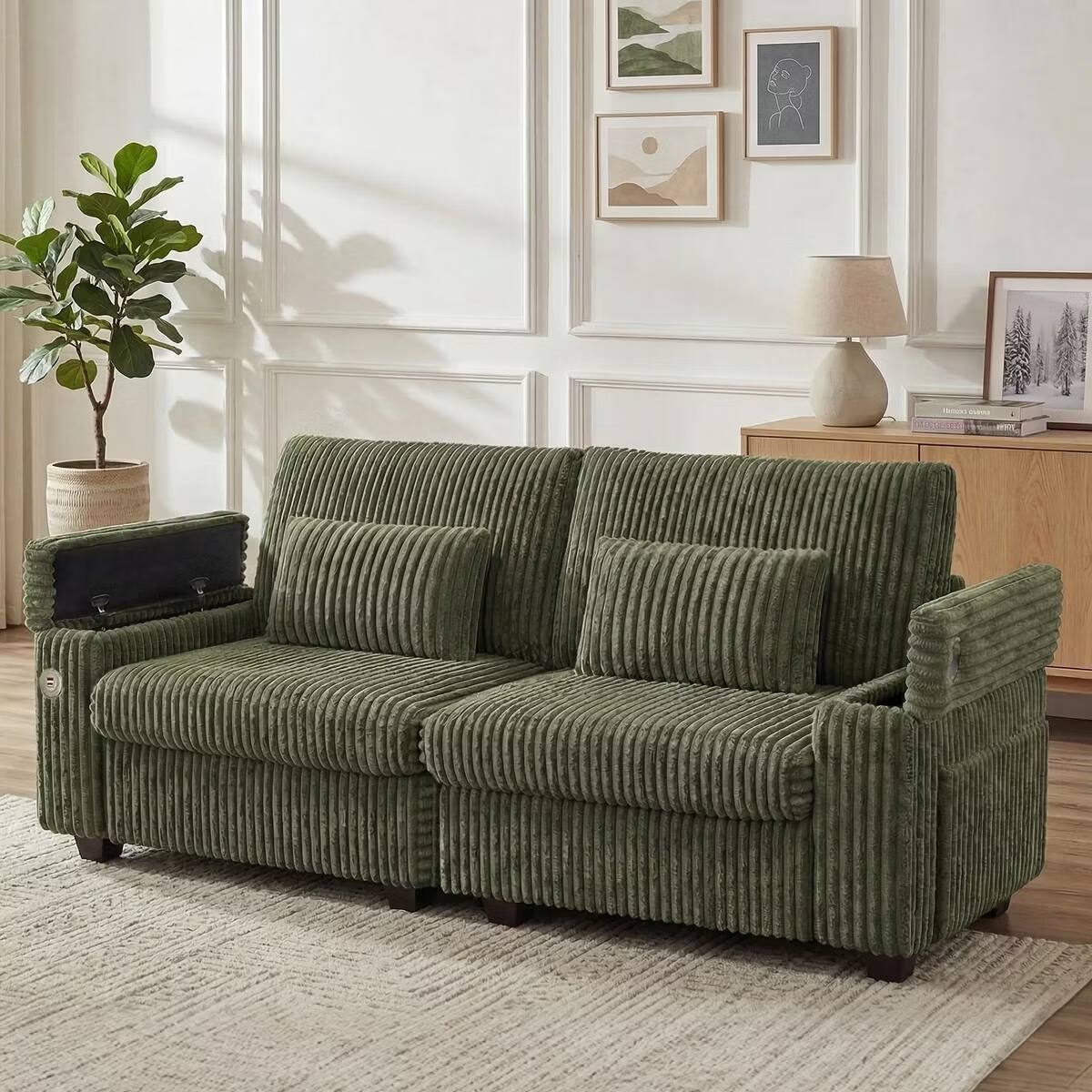 Front. Dyonery - 91" Modern Loveseat Sofa for Living Room, Green Corduroy 2 Seater Sofa with Storage Armrests,USB Charging & Cup Holders - Green.