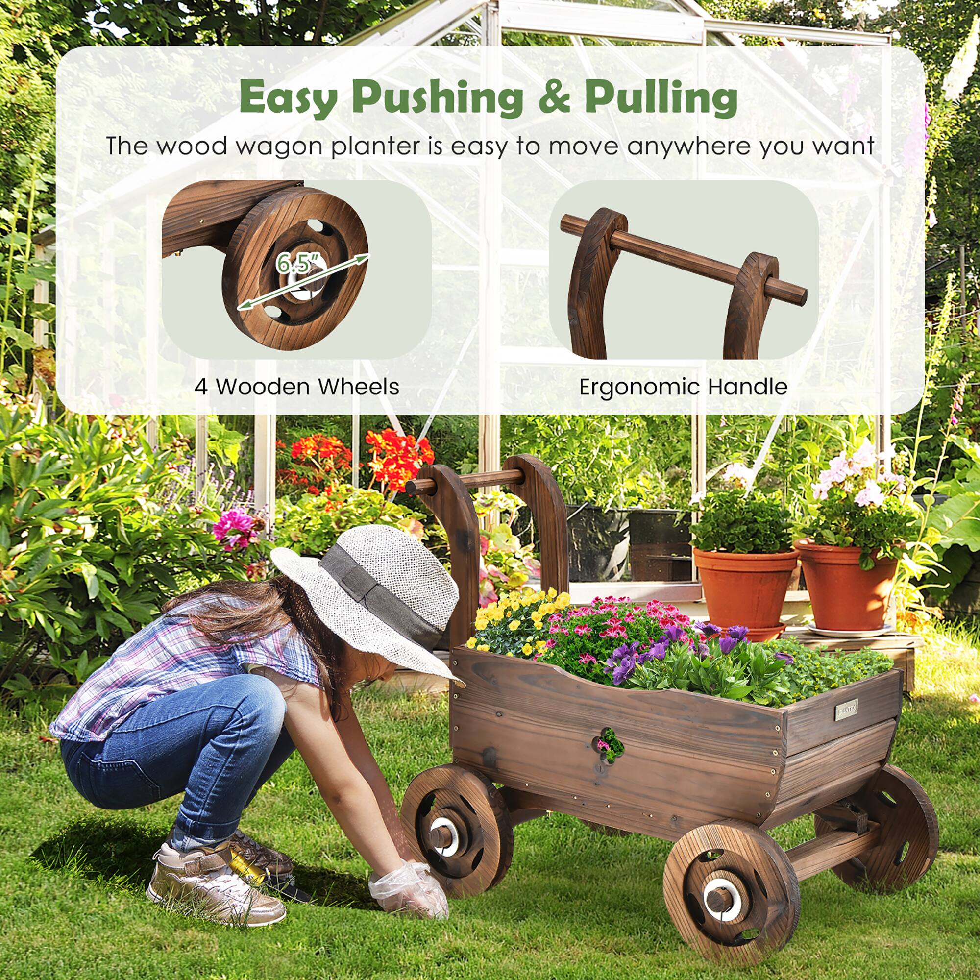 Easy Pushing & Pulling: The wood wagon planter is easy to move anywhere you want. It features 6.5" wooden wheels and an ergonomic handle for comfortable use.