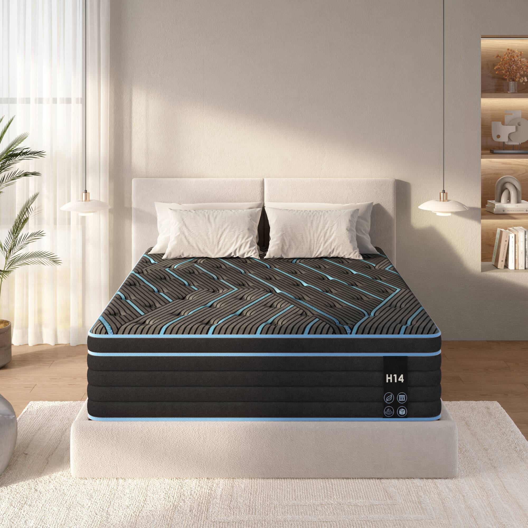 Front. Ecooso - 12 Inch Queen Hybrid Foam & Spring Mattress, Pocketed Innerspring, Medium Firm, CertiPUR-US Certified, Boxed - Black+Blue.