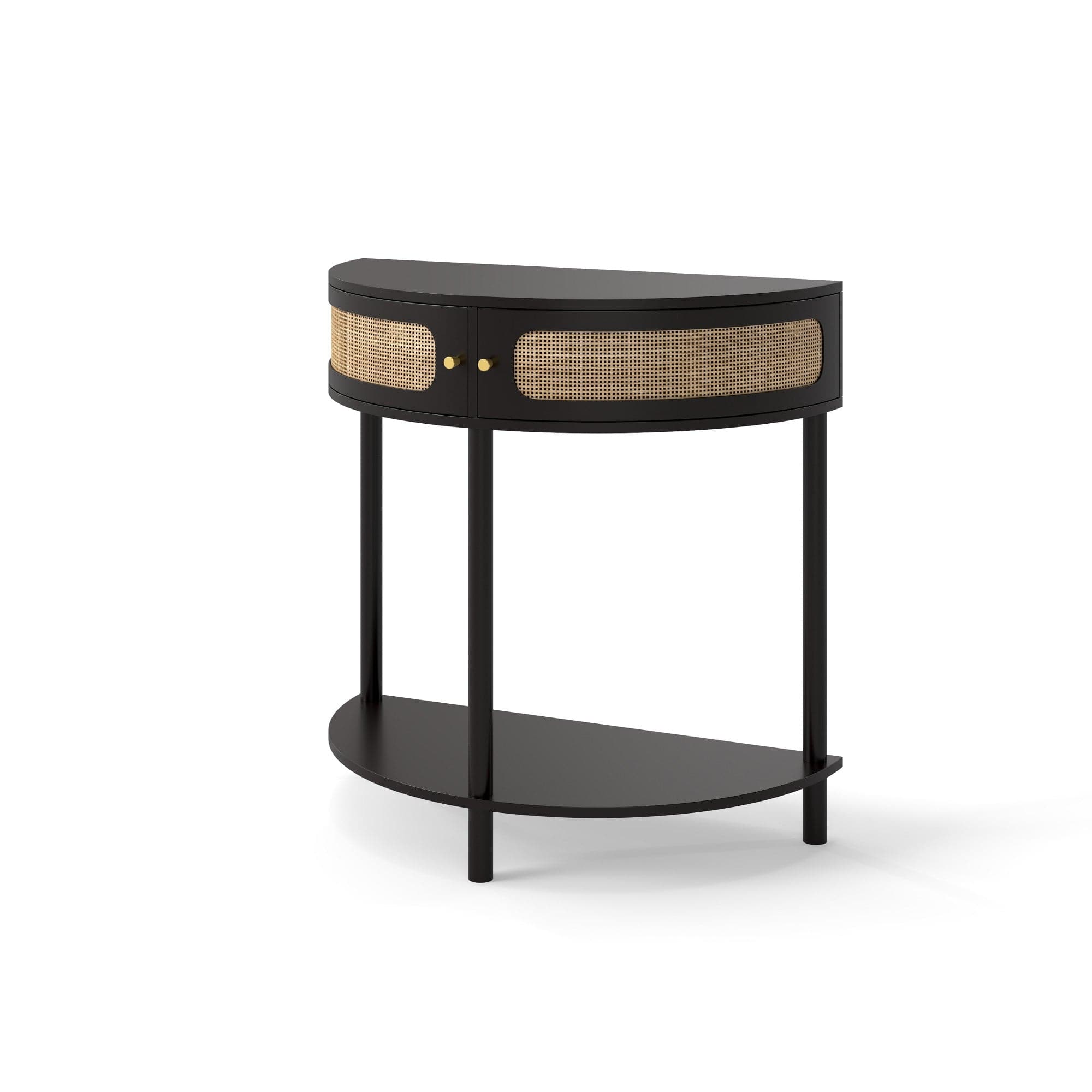 Boyel Living - 31.88 in Boho Half Moon Console Table with Sliding Rattan Doors and Bottom Shelf - Black