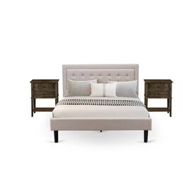East West Furniture - FN08Q-2VL07 3-Piece Fannin Bed Set with 1 Wingback Bed and 2 Small Nightstands - Linen Fabric - Mist Beige
