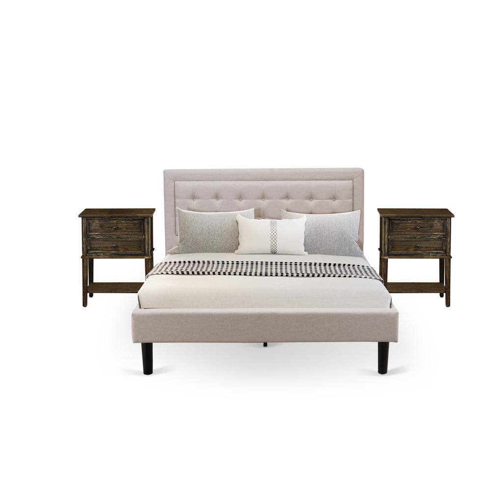 Front. East West Furniture - FN08Q-2VL07 3-Piece Fannin Bed Set with 1 Wingback Bed and 2 Small Nightstands - Mist Beige Linen Fabric - Mist Beige.