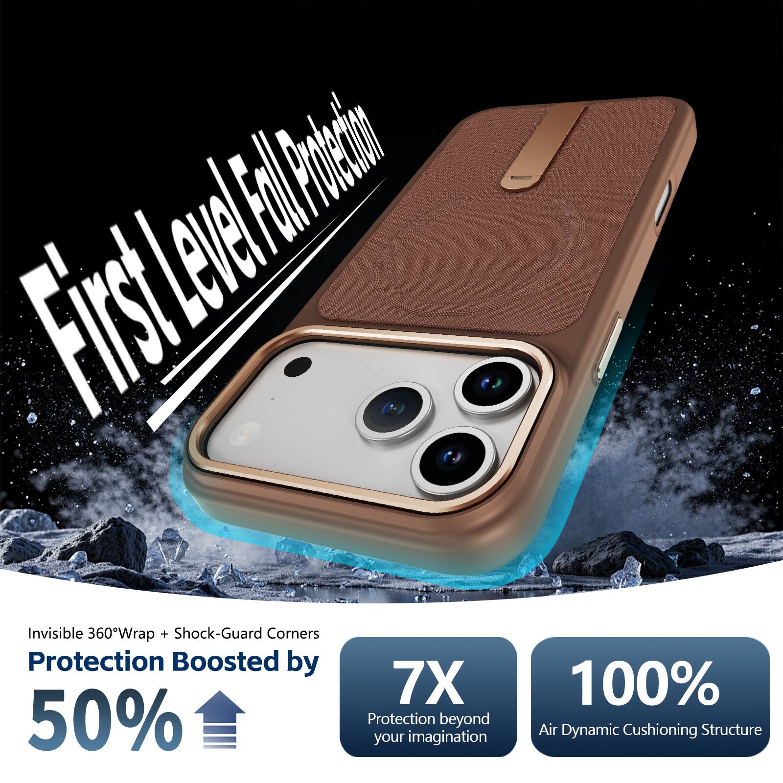 First Level Full Protection

Invisible 360°Wrap + Shock-Guard Corners
Protection Boosted by 50%

7X Protection beyond your imagination
100% Air Dynamic Cushioning Structure
