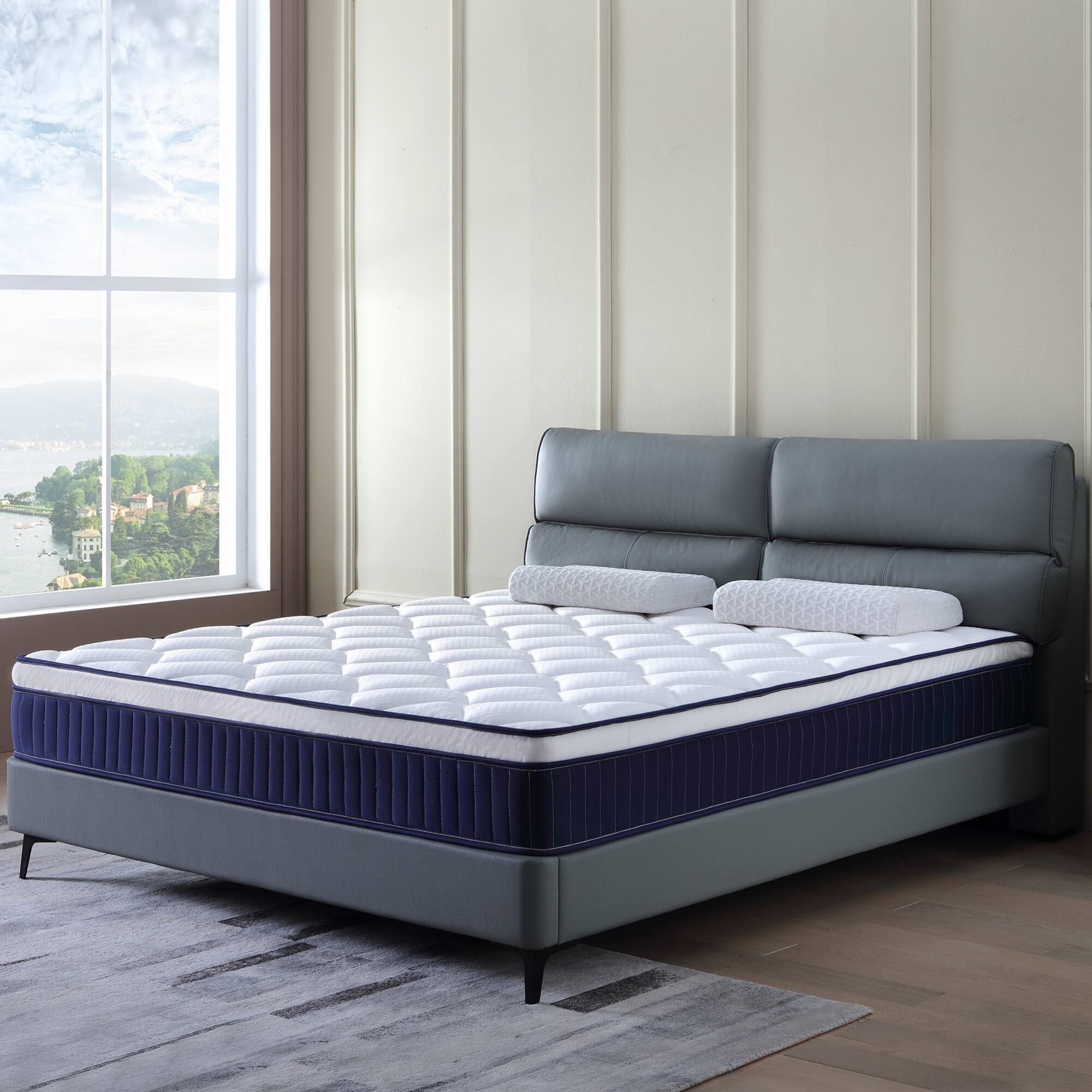 Angle. GOODSILO - 10 Inch TwinXL Hybrid Mattress in a Box with Gel Memory Foam and Pocket Coils - Antique Blue.