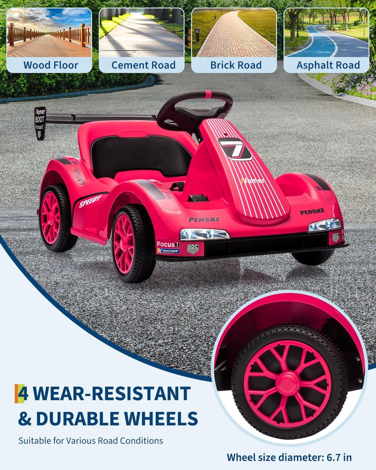 Wood Floor  
Cement Road  
Brick Road  
Asphalt Road  

Vamer BOOT  
Pocasl  
Insys  
SPEEDY 7  
Vamen  
PENSKE  
PENSKE  
Focusi  
MACIE  

4 WEAR-RESISTANT & DURABLE WHEELS  
Suitable for Various Road Conditions  

Wheel size diameter: 6.7 in