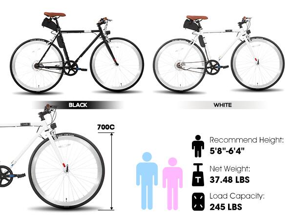 BLACK WHITE 700C  
Recommend Height: 5'8"-6'4"  
Net Weight: 37.48 LBS  
Load Capacity: 245 LBS