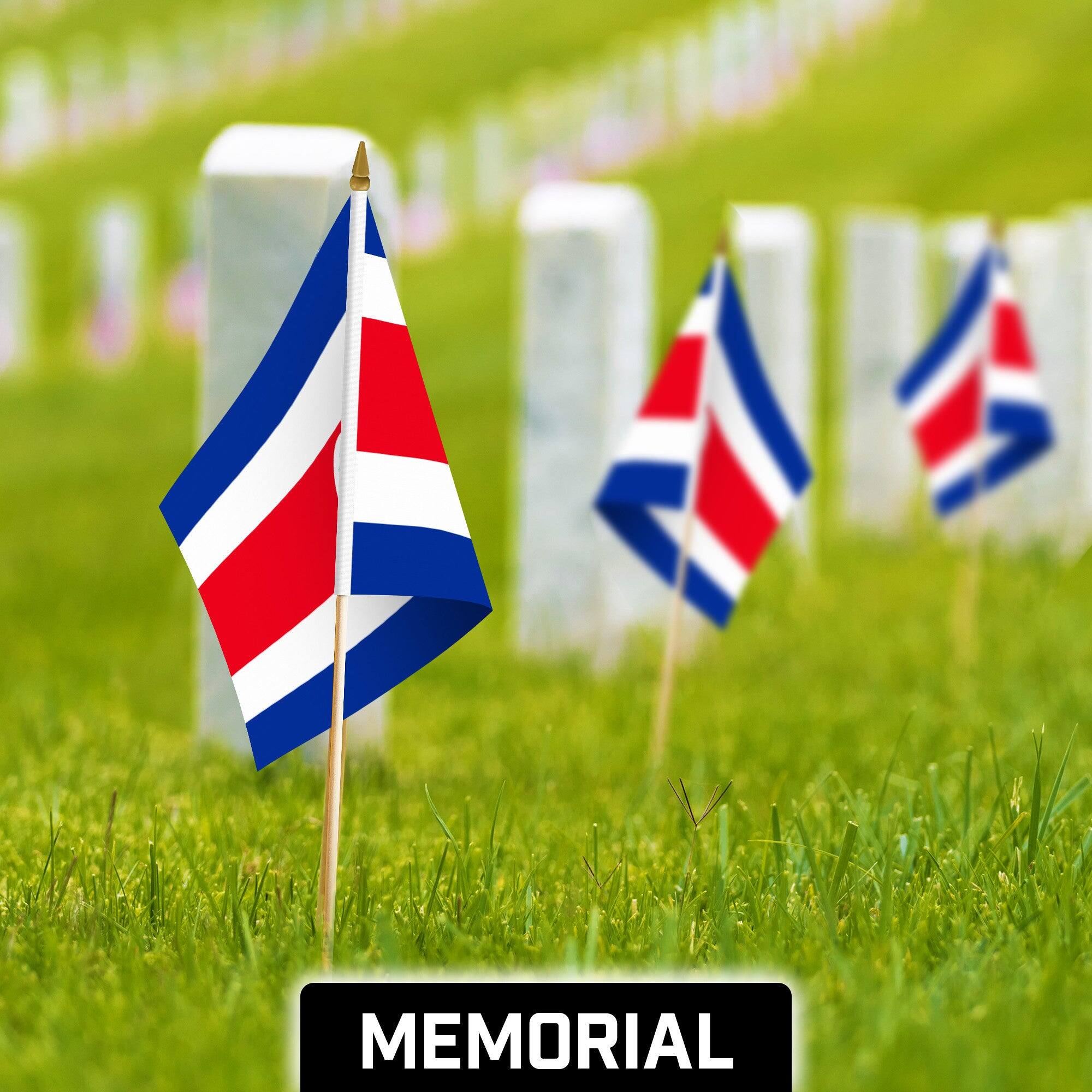 Back. G128 - 24 Pack Handheld Costa Rica Stick Flags - 12 x 18 in, 150D Polyester, Wooden Pole with Gold Spear Tip. - Assorted Colors.