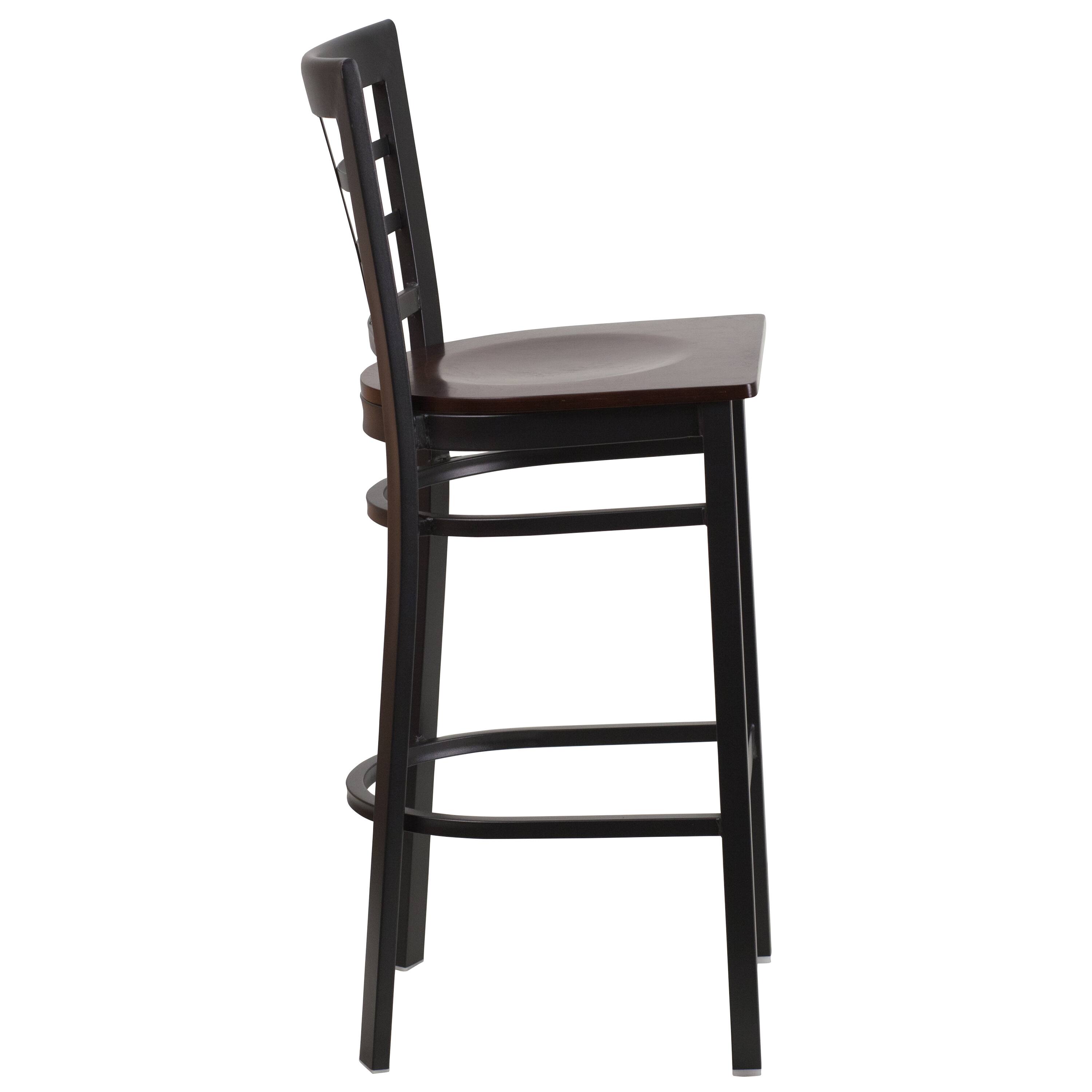 Alt View 4. Emma + Oliver - Window Back Metal Restaurant Dining Barstool - Walnut Wood Seat/Black Metal Frame.