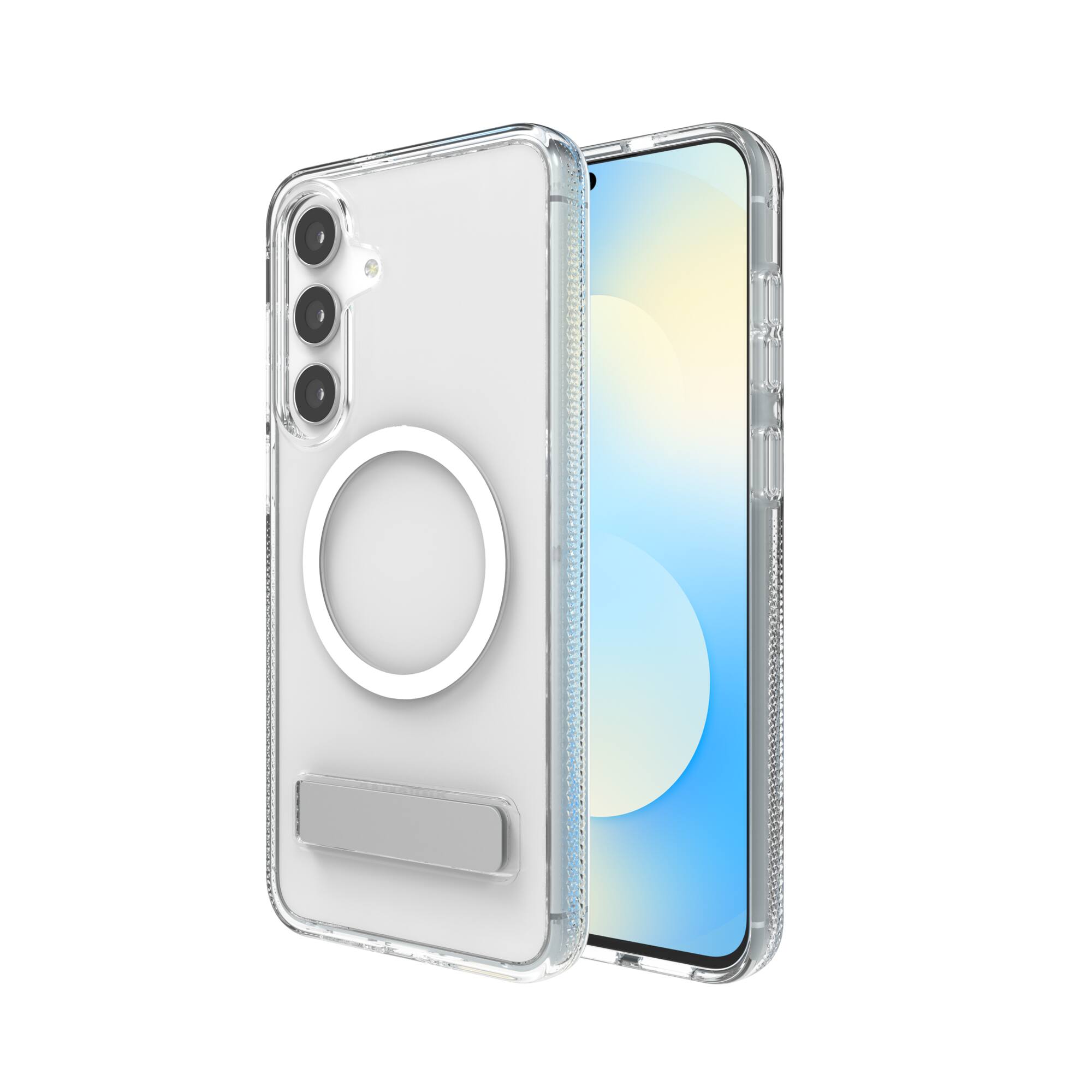 Angle. ZAGG - Crystal Palace Snap MagSafe Compatible Case w/ Kickstand for Samsung Galaxy S25 FE - Clear.