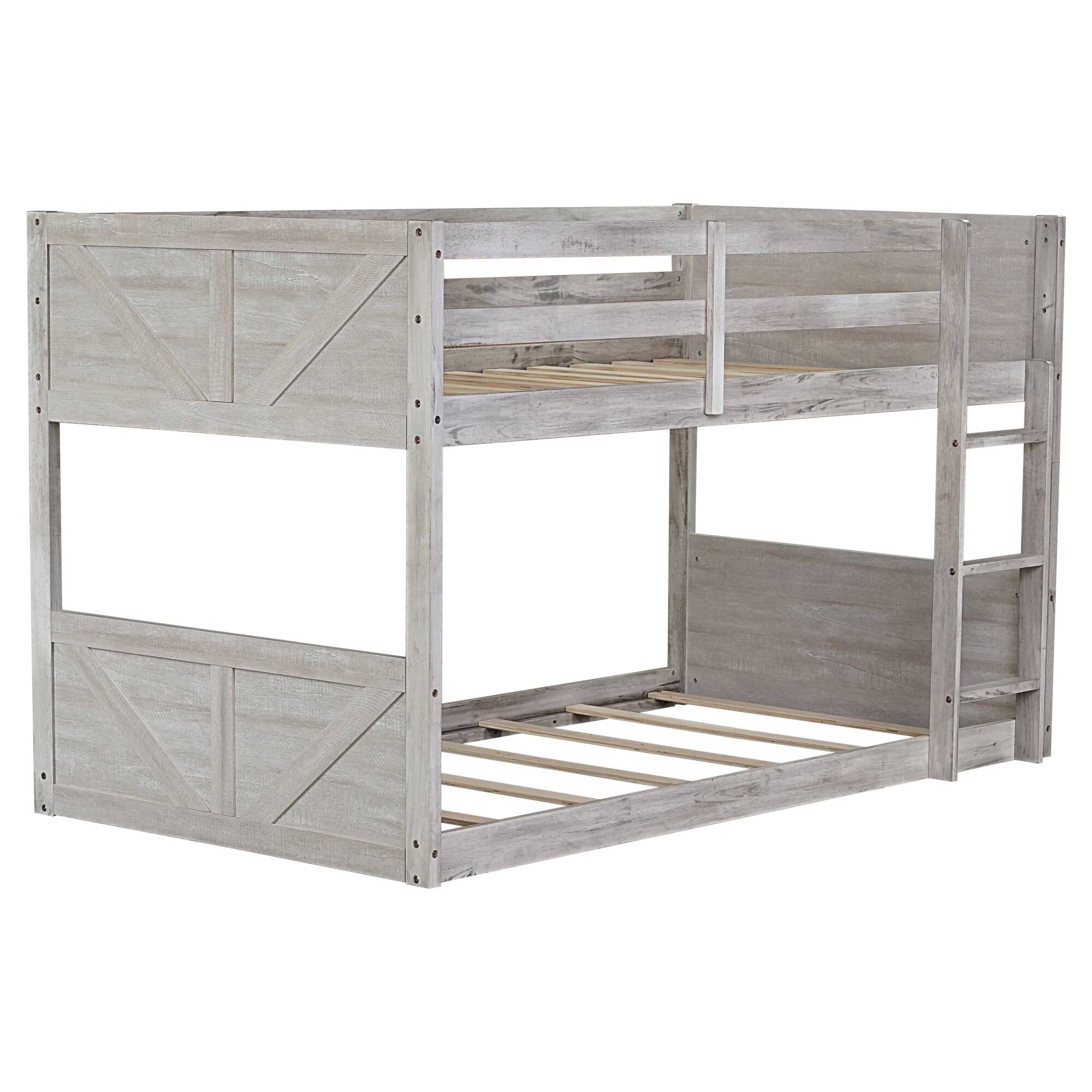 Alt View 4. GOODSILO - Solid Wood Twin Over Twin Floor Bunk Bed with Panelled Headboard and Footboard, Built-in Ladder and Safety Guardrails - Antique White.
