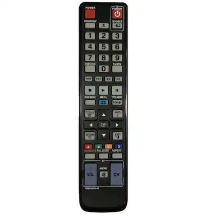 POWER TV
BONUSVIEW
SOURCE 1 2 3 4 5 6
SUBTITLE 7 8 0
AUDIO 9
DISC MENU MENU TITLE MENU
TOOLS INFO RETURN EXIT
C D INTERNET FULL SCREEN REPEAT
VOL MUTE CH
AK59-00104R