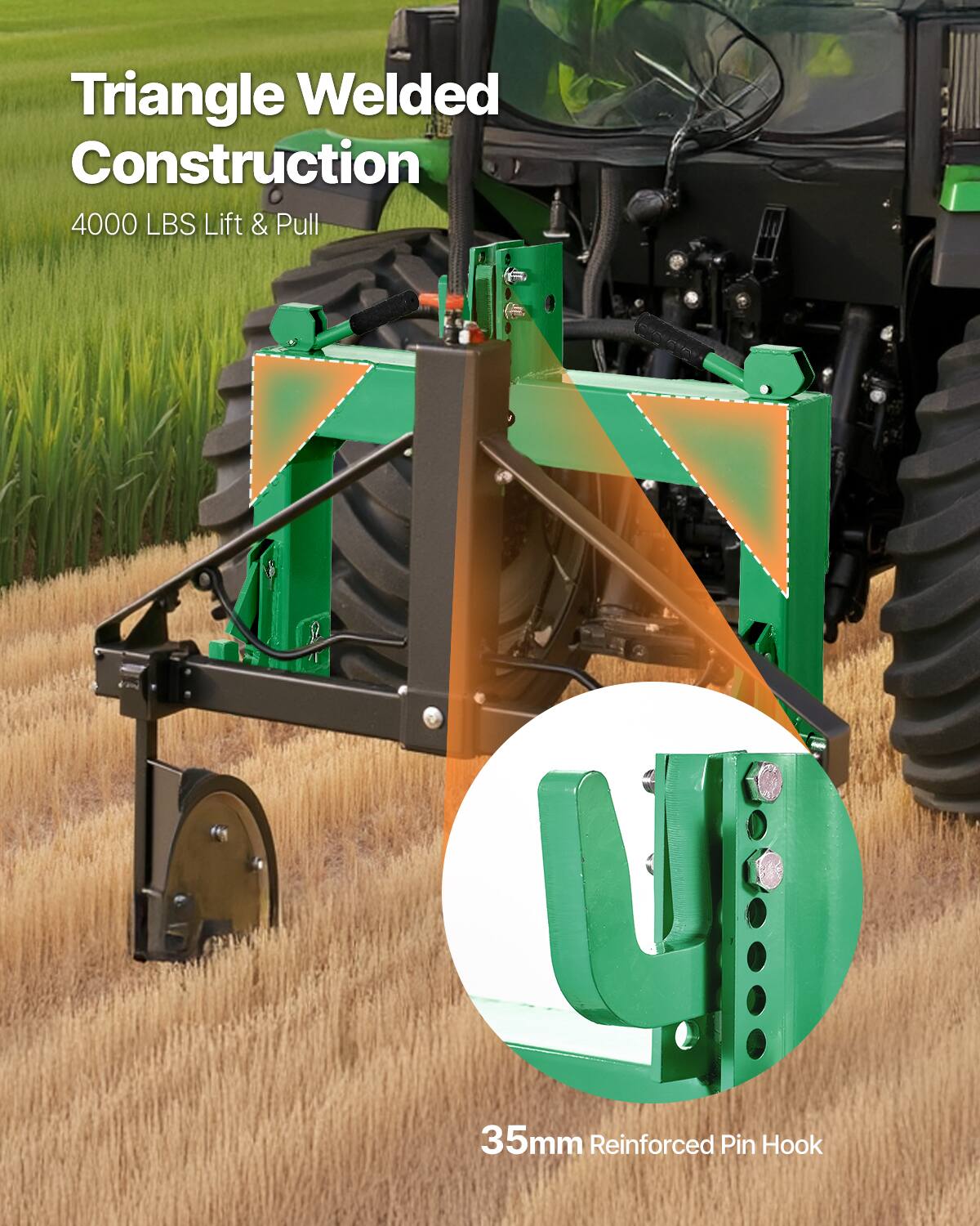 Triangle Welded Construction  
4000 LBS Lift & Pull  
35mm Reinforced Pin Hook