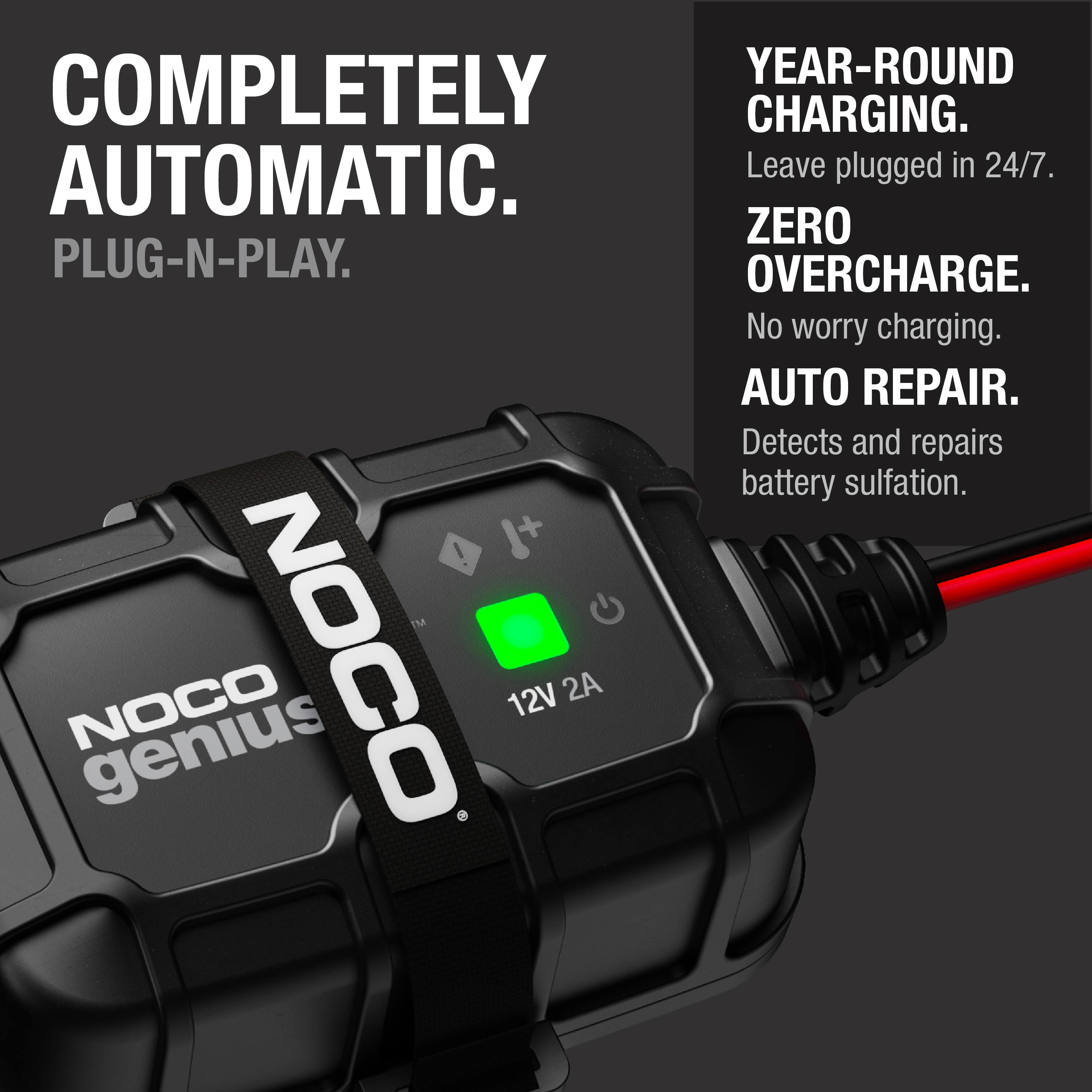- YEAR-ROUND CHARGING. Leave plugged in 24/7.
- ZERO OVERCHARGE. No worry charging.
- AUTO REPAIR. Detects and repairs battery sulfation.
- COMPLETELY AUTOMATIC. PLUG-N-PLAY.
- NOCO genius 12V 2A