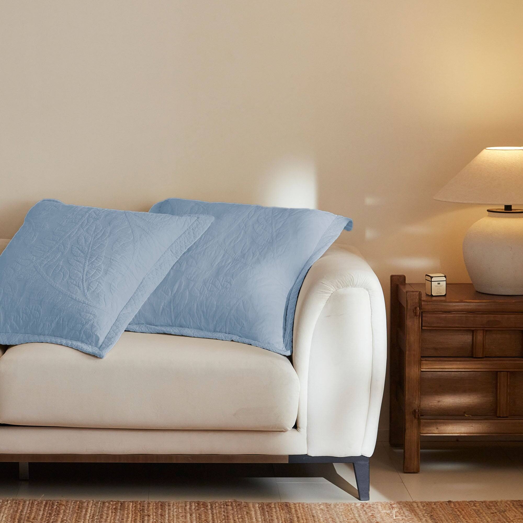 Left. MarCielo - 100% Cotton Embroidered Quilted Pillow Shams Set of 2, 26"x26" Euro Size - Light Blue.