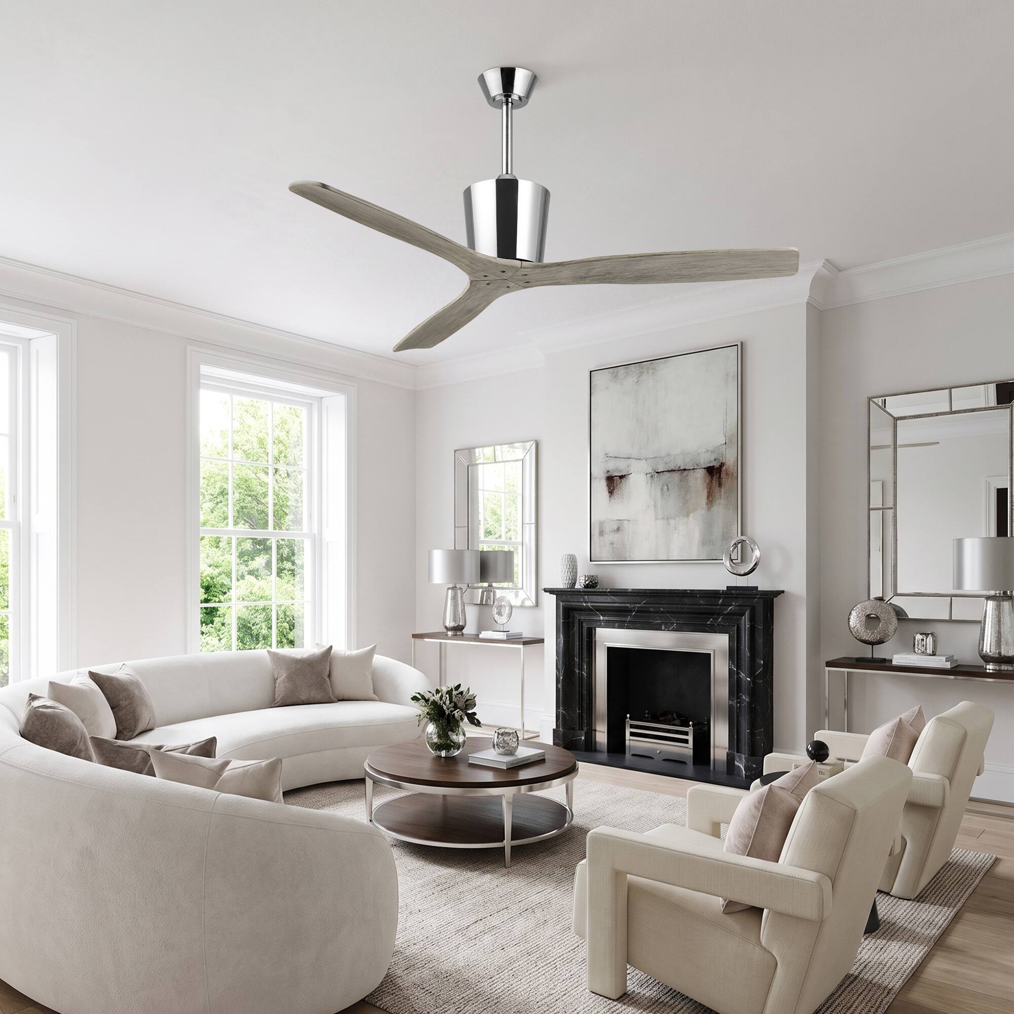 Angle. Parrot Uncle - 54" Modern Solid Wood Blade DC Motor 6 Speeds Ceiling Fan with Remote, No Light - Chrome.