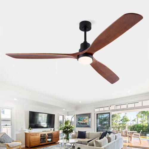 Alt View 6. LUCKY ONE - 72" Ceiling Fan with Light Remote 3 Solid Wood Blades DC Motor - Black.
