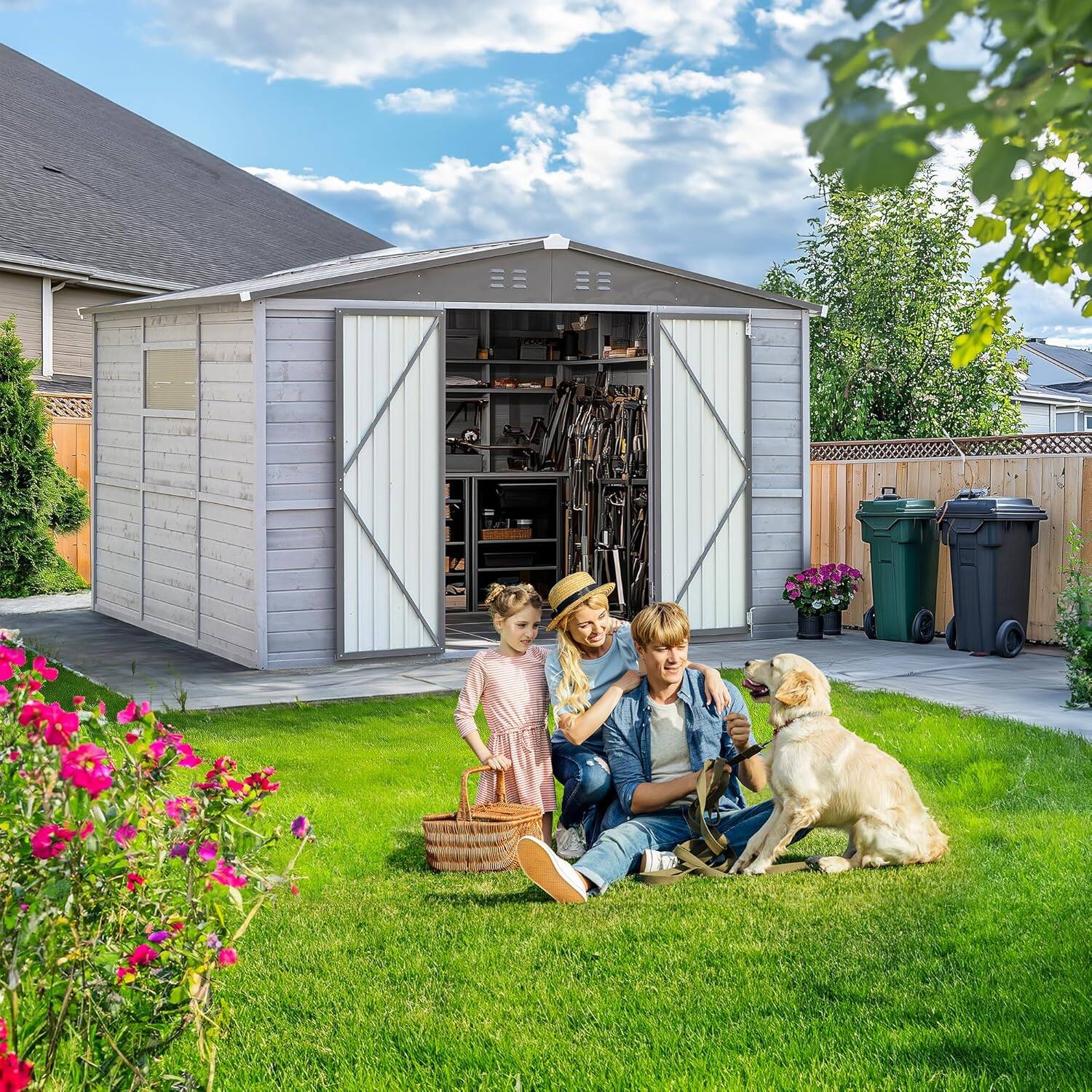 Left. Yardgrace - 8x10 FT Outdoor Wood Storage Shed with Windows, Waterproof Garden Shed for Backyard Patio, 4 Vents No Floor - Grey.