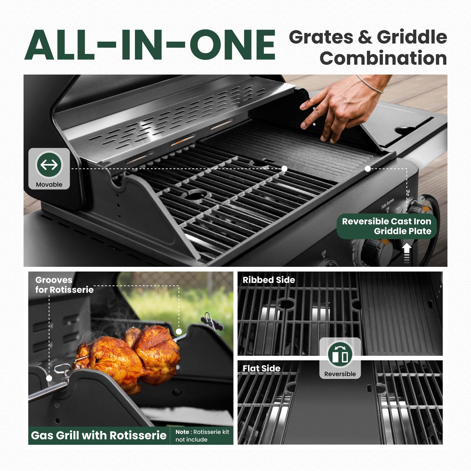ALL-IN-ONE  
Grates & Griddle Combination  

- Movable  
- Grooves for Rotisserie  
- Ribbed Side  
- Flat Side  
- Reversible Cast Iron Griddle Plate  

Gas Grill with Rotisserie  

Note: Rotisserie kit not included