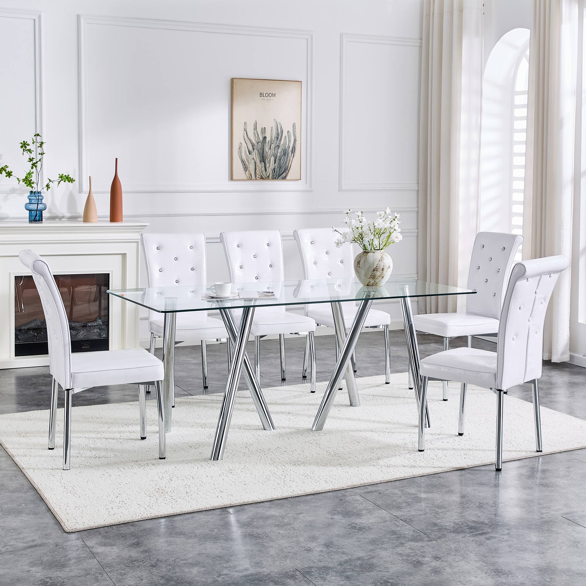 Alt View 2. Loheer - Loheer- 5.9ft Modern Tempered Glass Dining Table Heavy Duty Metal Legs Rectangular Kitchen Furniture - White.