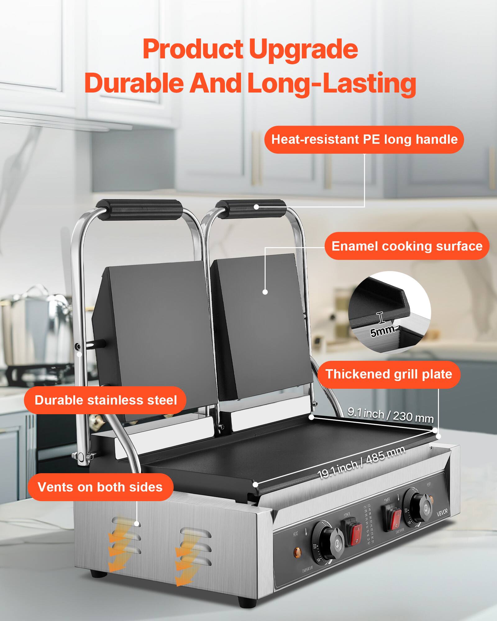 Product Upgrade  
Durable And Long-Lasting  

Heat-resistant PE long handle  
Enamel cooking surface  
5mm Thickened grill plate  
Durable stainless steel  
9.1 inch / 230 mm  
Vents on both sides  
19.1 inch / 485 mm  

POME .06 WT ! ******** NEWS  
VEVOR