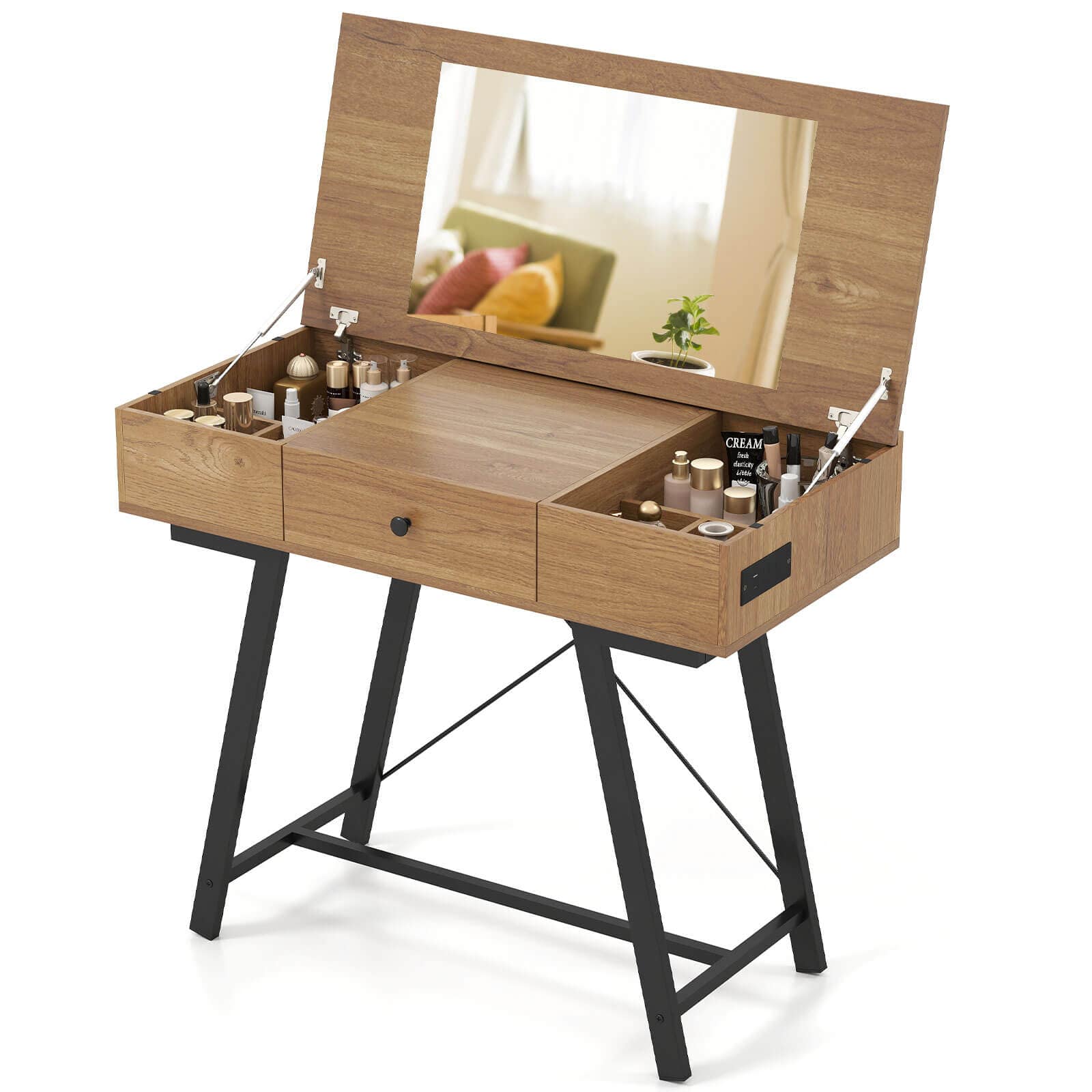 Costway - Vanity Desk with Flip Top Mirror Makeup Dressing Table with Power Outlets Drawer - Natural