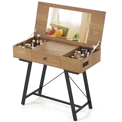 Front. Costway - Costway Vanity Desk with Flip Top Mirror Makeup Dressing Table with Power Outlets Drawer - Natural.