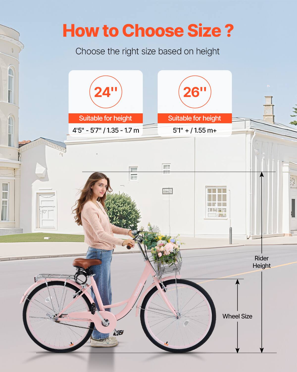 How to Choose Size? Choose the right size based on height

24" Suitable for height 4'5" - 5'7" /1.35- 1.7 m
26" Suitable for height 5'1" + /1.55 m+

Rider Height
Wheel Size