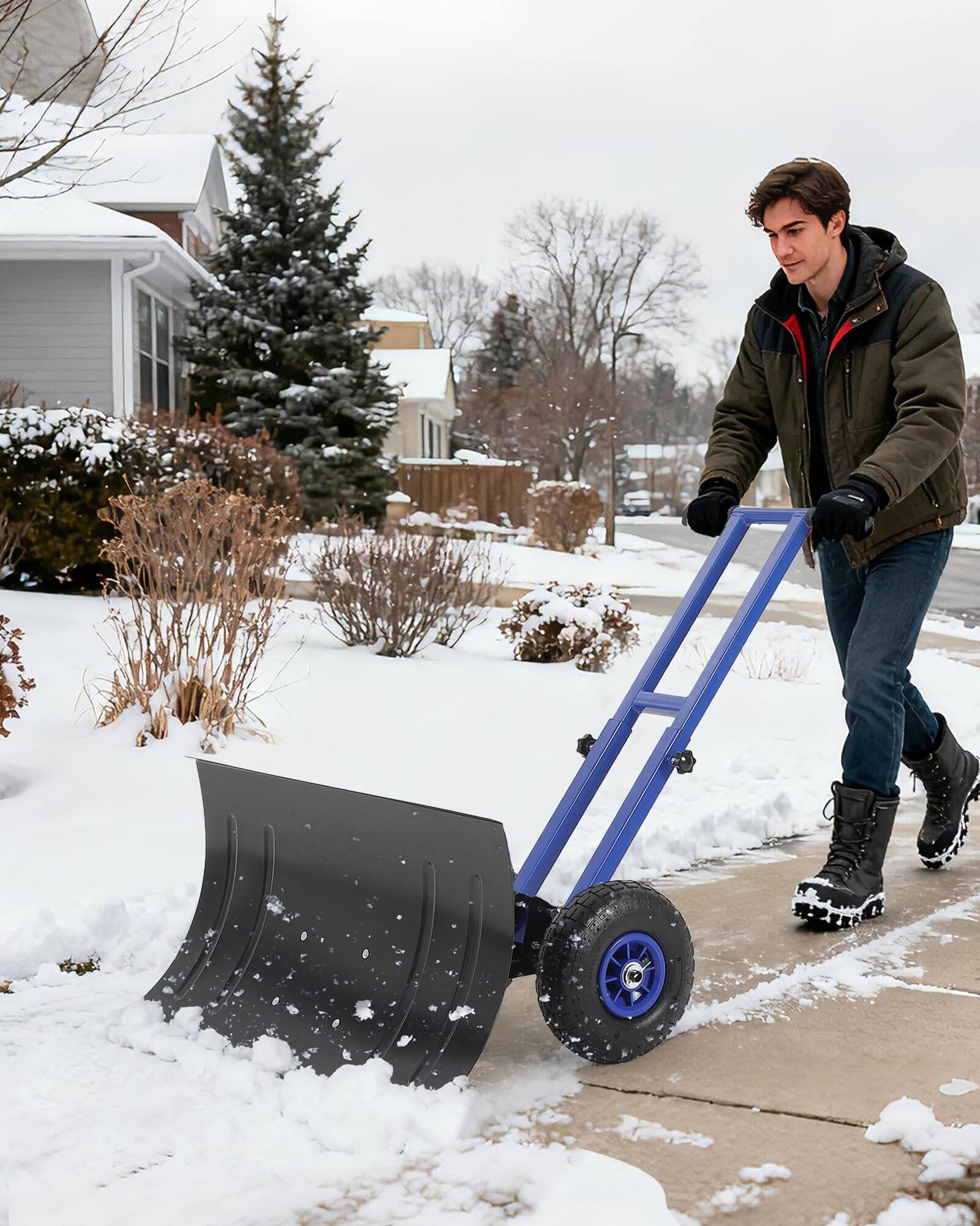 Front. Qeetex - Snow Shovel with Wheels, Adjustable Handle & Angled Blade, Double Rod Push Snow Plow for Driveway(29.1W x 16.5H) - Black&Blue.