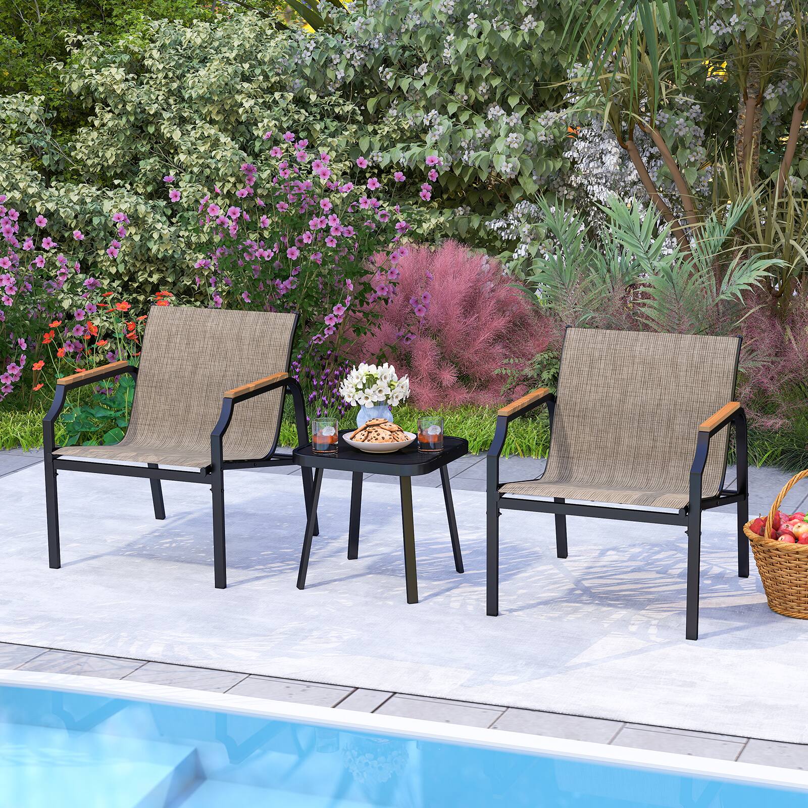 Alt View 3. Gymax - Gymax 3 PCS Outdoor Chair Set Metal Frame Armchair & Table w/ Breathable Fabric Seat - Brown, Black.