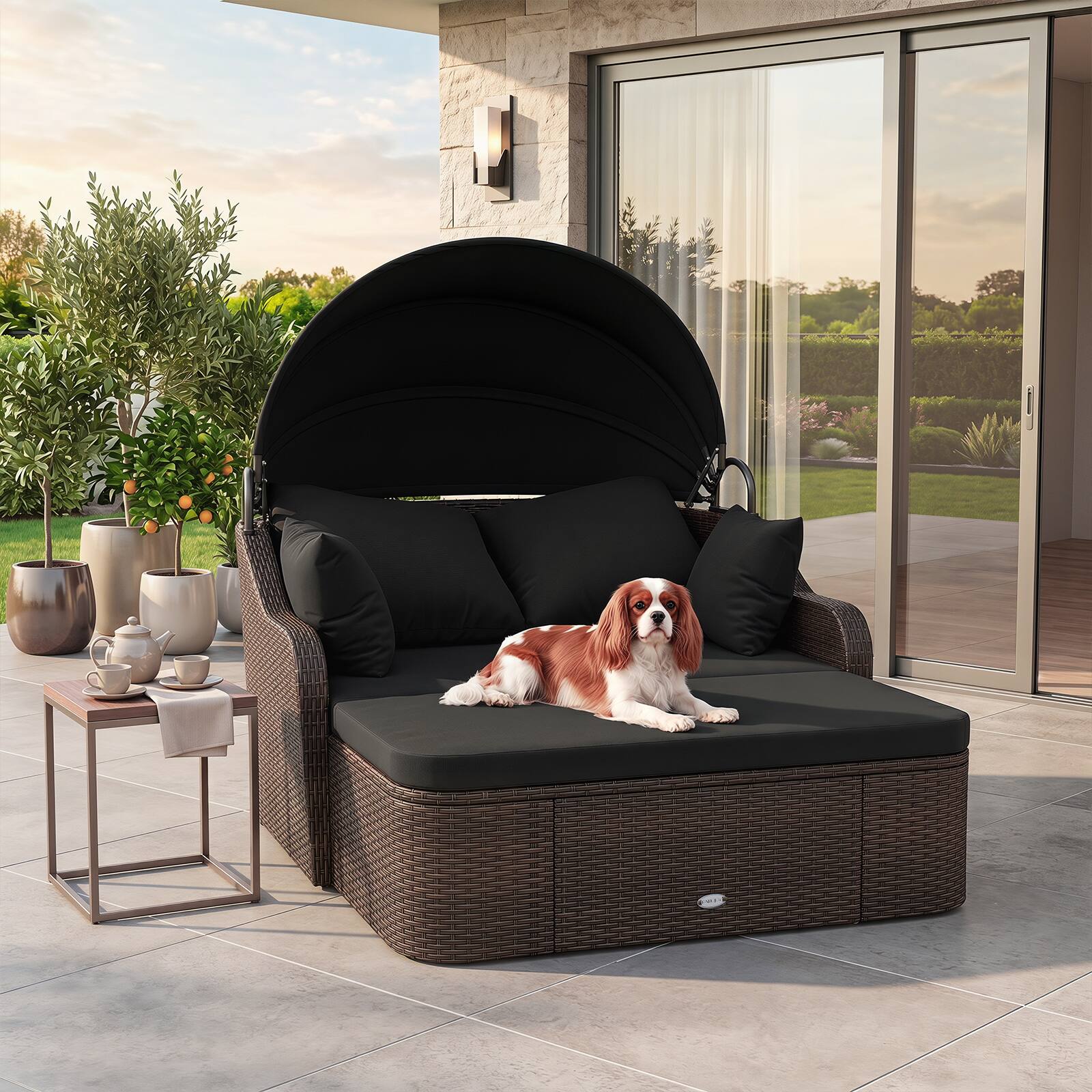 Alt View 3. Costway - Costway Patio PE Rattan Daybed with Retractable Canopy, Soft Cushions and Extra Pillows - Mix Brown & Black.