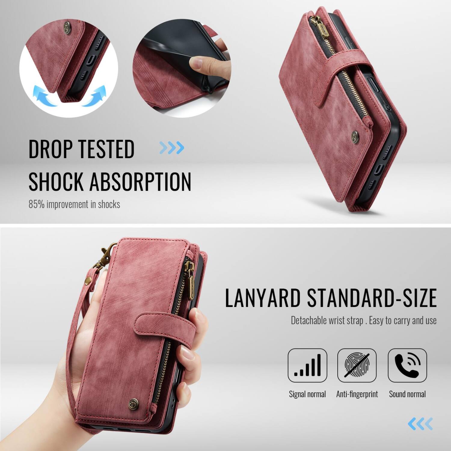 DROP TESTED >>> SHOCK ABSORPTION  
85% improvement in shocks  

LANYARD STANDARD-SIZE  
Detachable wrist strap. Easy to carry and use  

Signal normal  
Anti-fingerprint  
Sound normal