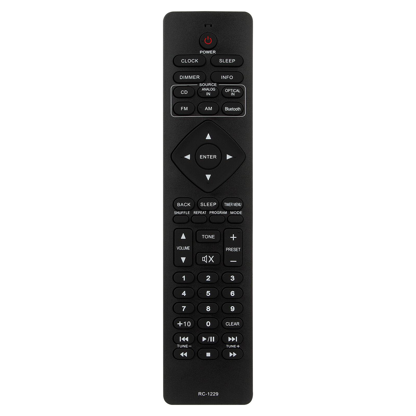 Sure, here is the corrected and grouped text from the image:

---

**Top Section:**
- POWER
- CLOCK
- SLEEP
- DIMMER
- INFO
- SOURCE
- ANALOG
- OPTICAL IN
- CD
- FM
- AM
- Bluetooth

**Middle Section:**
- ENTER
- BACK
- SLEEP TIMER MENU
- SHUFFLE
- REPEAT
- PROGRAM MODE
- TONE
- VOLUME
- PRESET
- 1
- 2
- 3
- 4
- 5
- 6
- 7
- 8
- 9
- +10
- 0
- CLEAR
- TUNE-
- TUNE+
- RC-1229

**Bottom Section:**
- (Icons for play, pause, stop, forward, rewind, and other media controls)

---