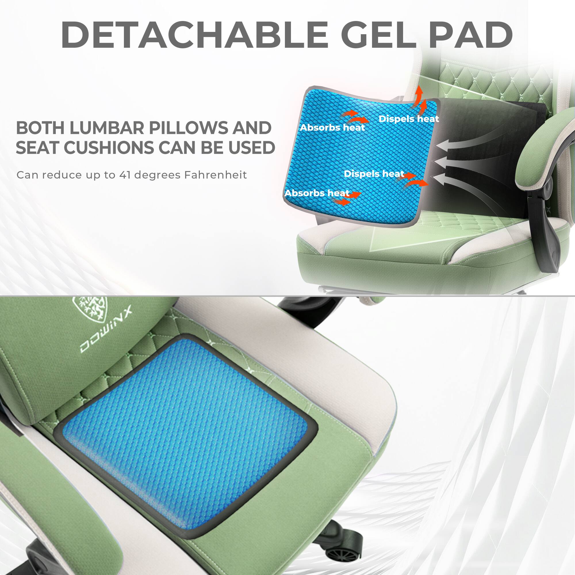 DETACHABLE GEL PAD

BOTH LUMBAR PILLOWS AND SEAT CUSHIONS CAN BE USED

Can reduce up to 41 degrees Fahrenheit

Absorbs heat
Dispels heat

DOWINX
