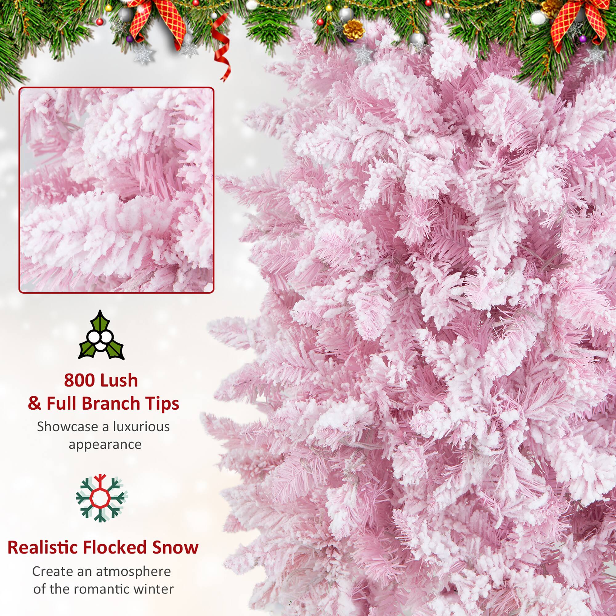 The text on the image reads: "800 Lush & Full Branch Tips Showcase a luxurious appearance Realistic Flocked Snow Create an atmosphere of the romantic winter."