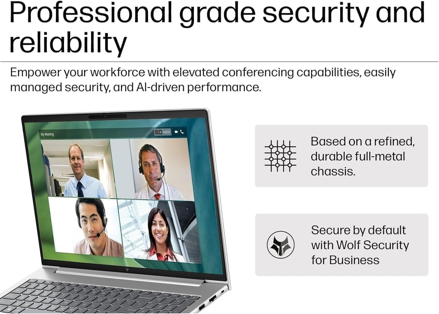 Professional grade security and reliability

Empower your workforce with elevated conferencing capabilities, easily managed security, and AI-driven performance.

- Based on a refined, durable full-metal chassis.
- Secure by default with Wolf Security for Business.