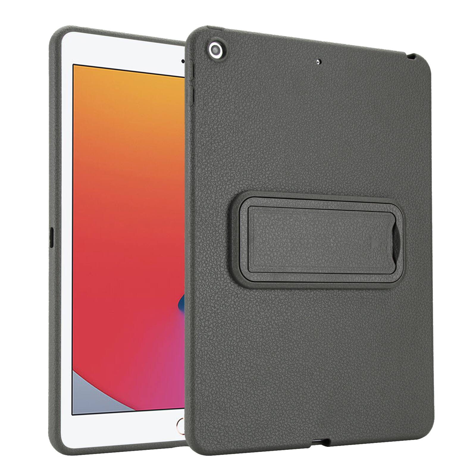 Angle. Dteck - Shockproof Case for Apple iPad (9th Generation) 10.2" 2021, Slim Leather Texture Protective Cover with Folding Kickstand - Gray.