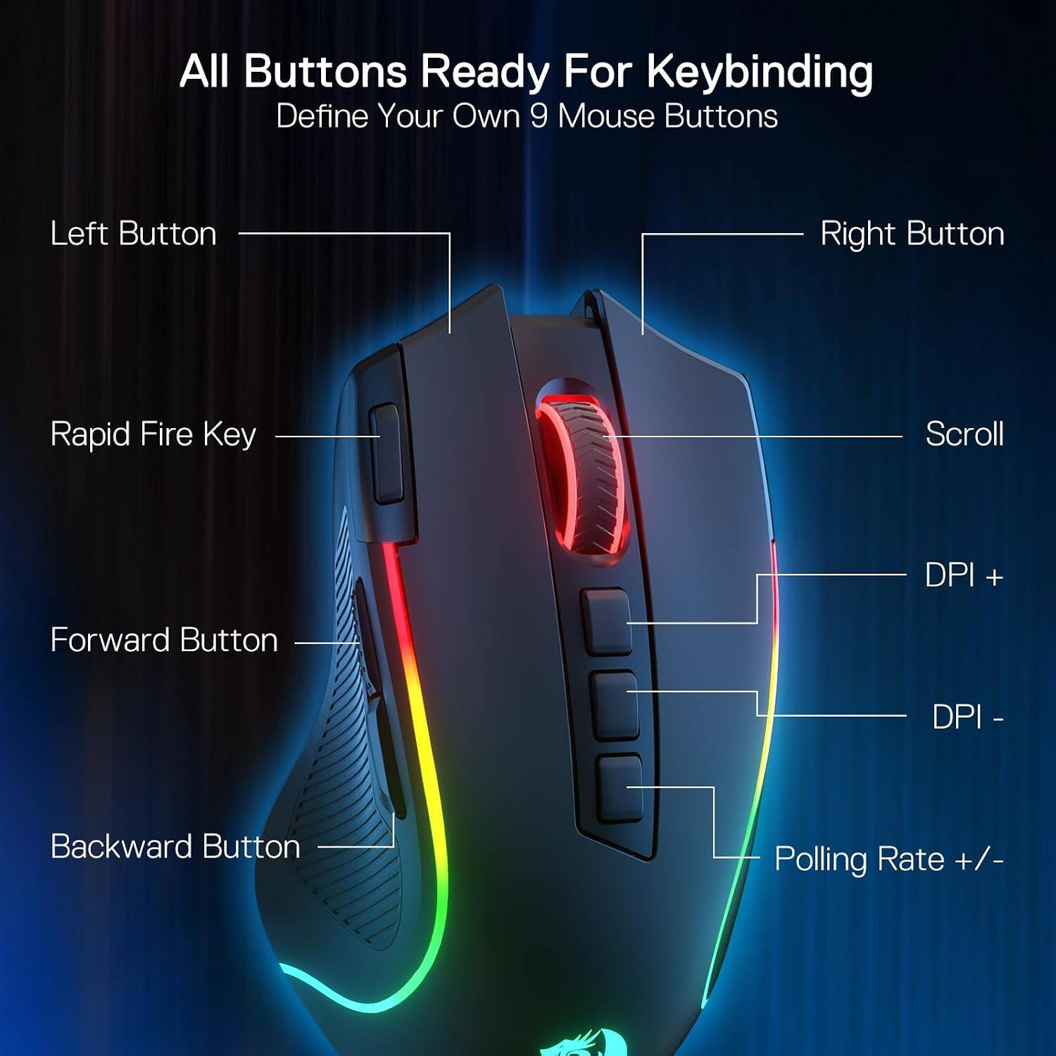 All Buttons Ready For Keybinding  
Define Your Own 9 Mouse Buttons

- Left Button
- Right Button
- Rapid Fire Key
- Scroll
- DPI +
- Forward Button
- DPI -
- Backward Button
- Polling Rate +/-
