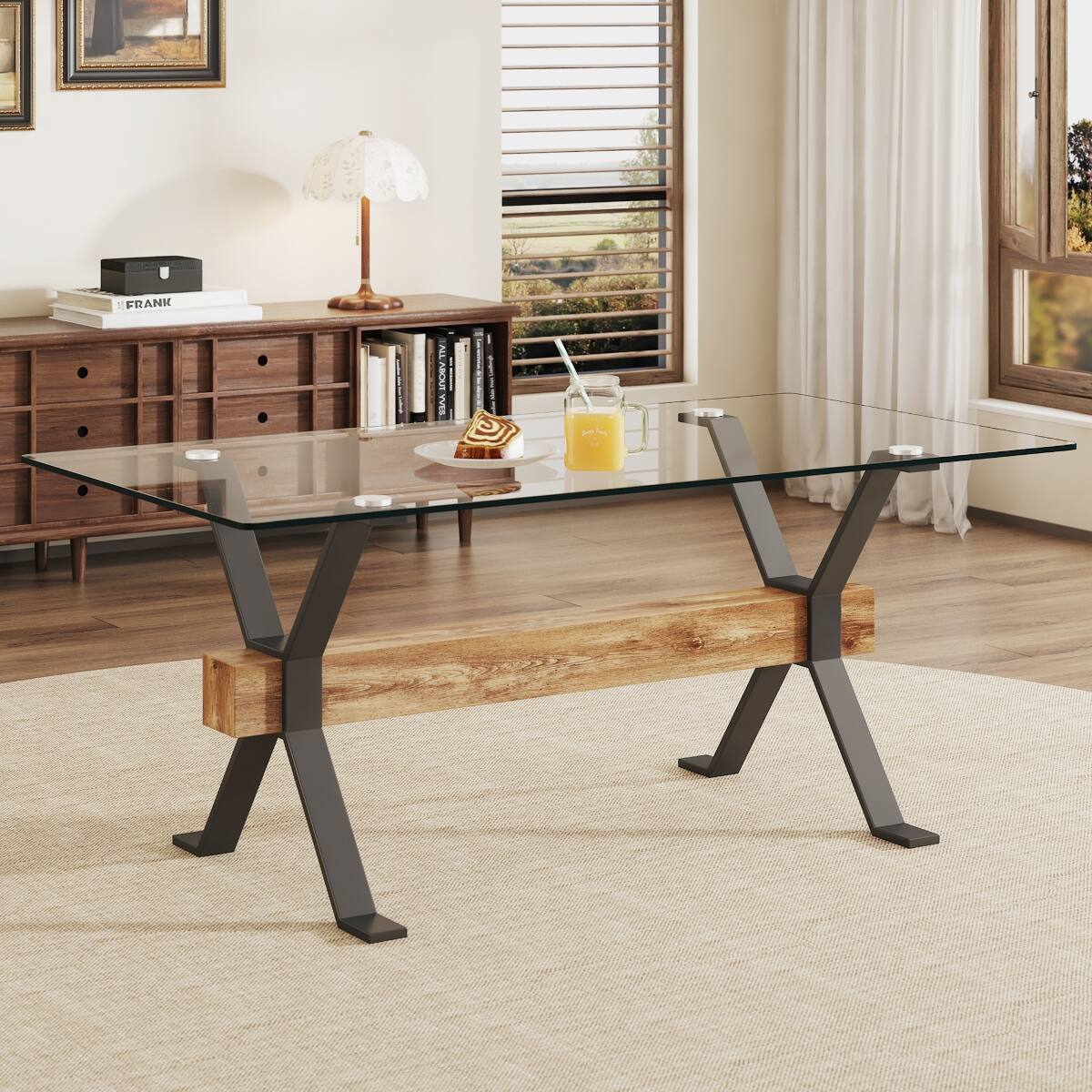 Loheer Modern Tempered Glass Dining Table, Large 70.9 Inch Tabletop ...