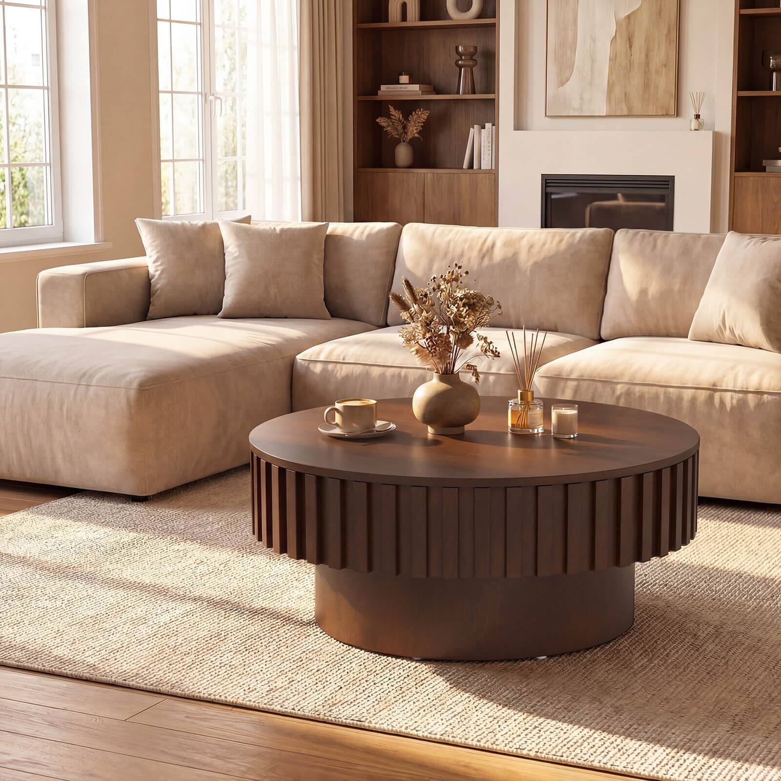 Alt View 3. Costway - Costway Round Coffee Table with Storage, Wooden Drum Coffee Table with Hidden Compartment - Walnut.