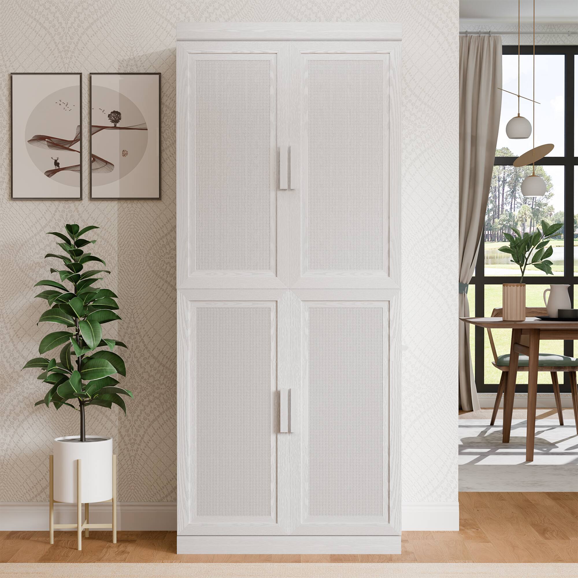 PexFix - 72" Kitchen Pantry Cabinet, Oak Freestanding Storage Cabinet with Woven Doors and Adjustable Shelves for Dining Room - White