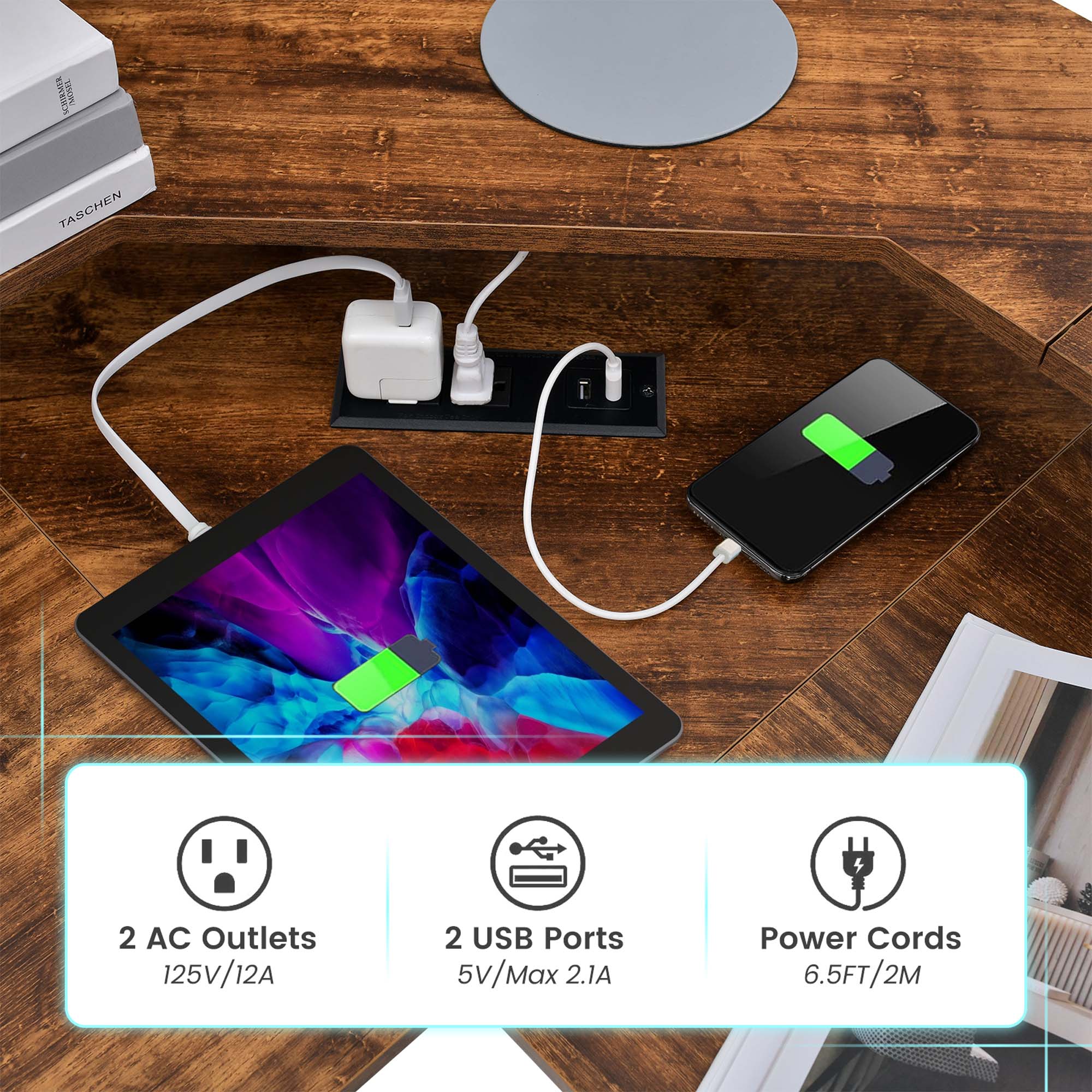 - 2 AC Outlets  
  125V/12A

- 2 USB Ports  
  5V/Max 2.1A

- Power Cords  
  6.5FT/2M