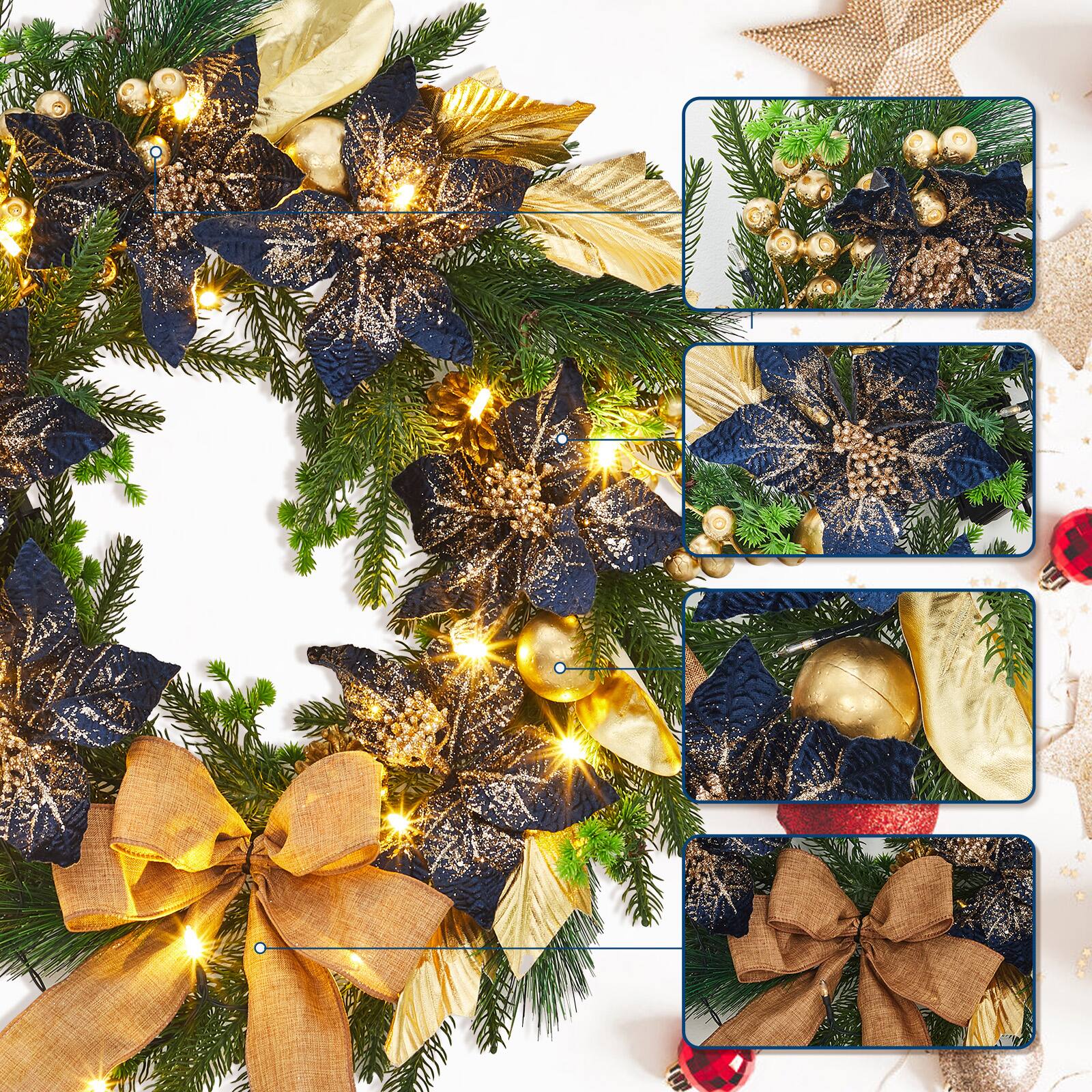 Back. Acekool - 24 Inch Christmas Wreath Pre-Lit Xmas Wreath with Bows, Gold Leaves Ball Ornaments for Front Door Windows Wall Blue - Blue.
