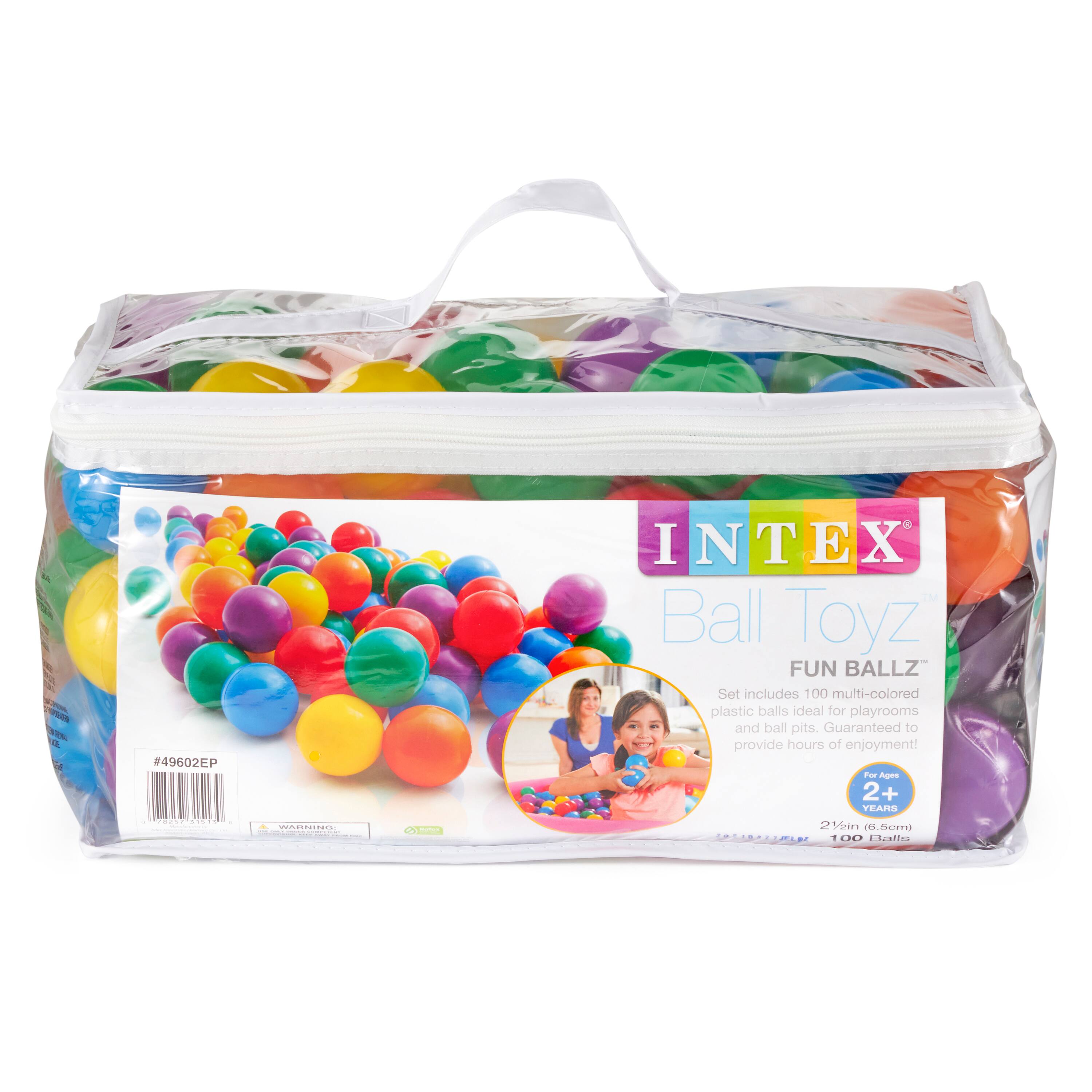 INTEX Ball Toyz  
FUN BALLZ  
Set includes 100 multi-colored plastic balls ideal for playrooms and ball pits. Guaranteed to provide hours of enjoyment!  
For Ages 2+  
2 1/4 in (6.5 cm)  
100 Balls  
#49602EP