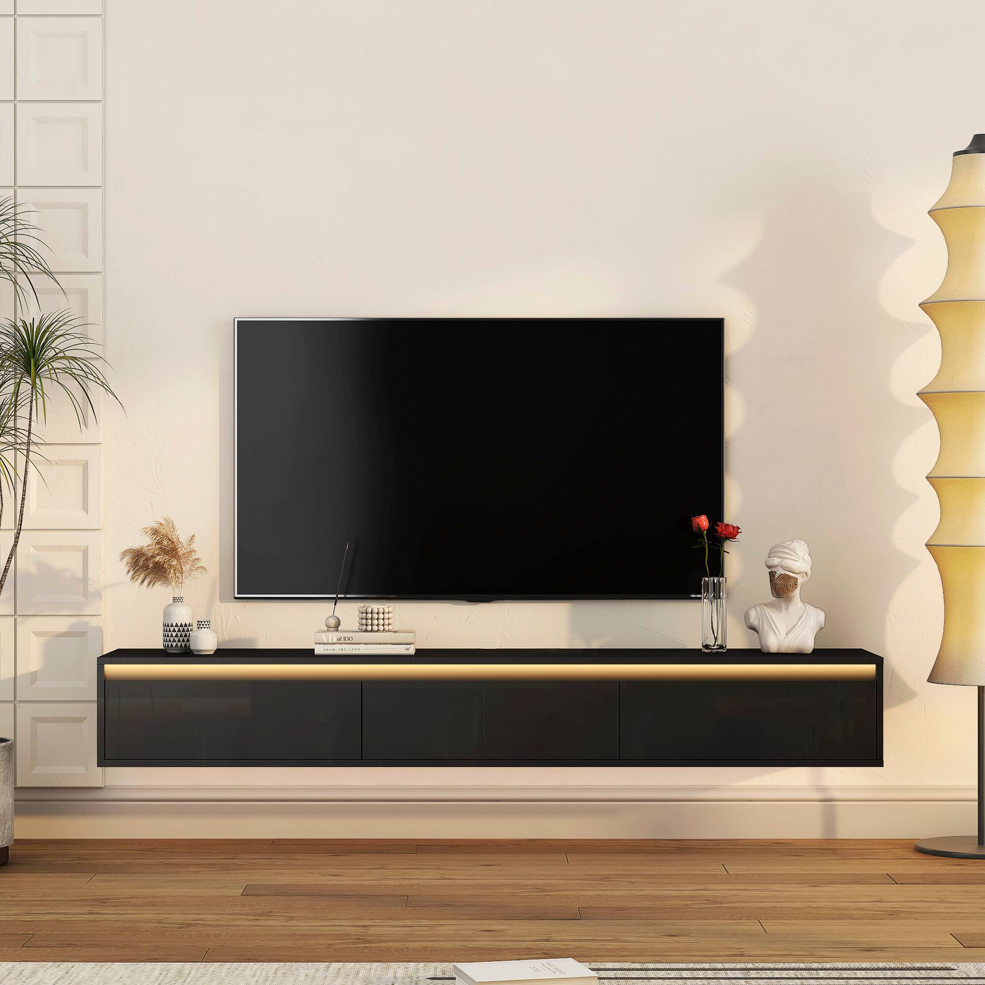 Angle. Z-Edge - Floating TV Stand, Wall Mounted TV Shelf with Led Lights & Power Outlet, Floating Entertainment Center for Living Room - Black.