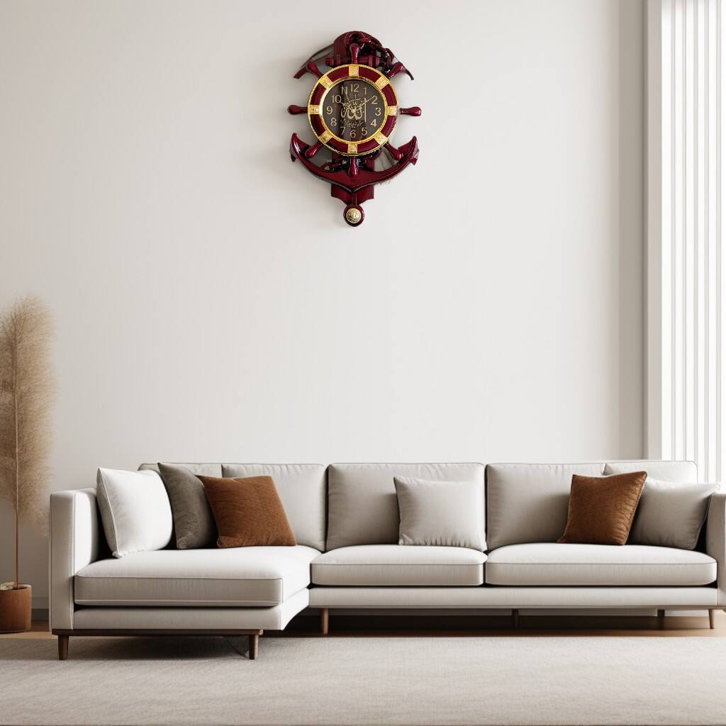 Angle. FC Design - 21"H Red Golden Nautical Ship Wheel Wall Clock - Unique Decor - Multicolor.