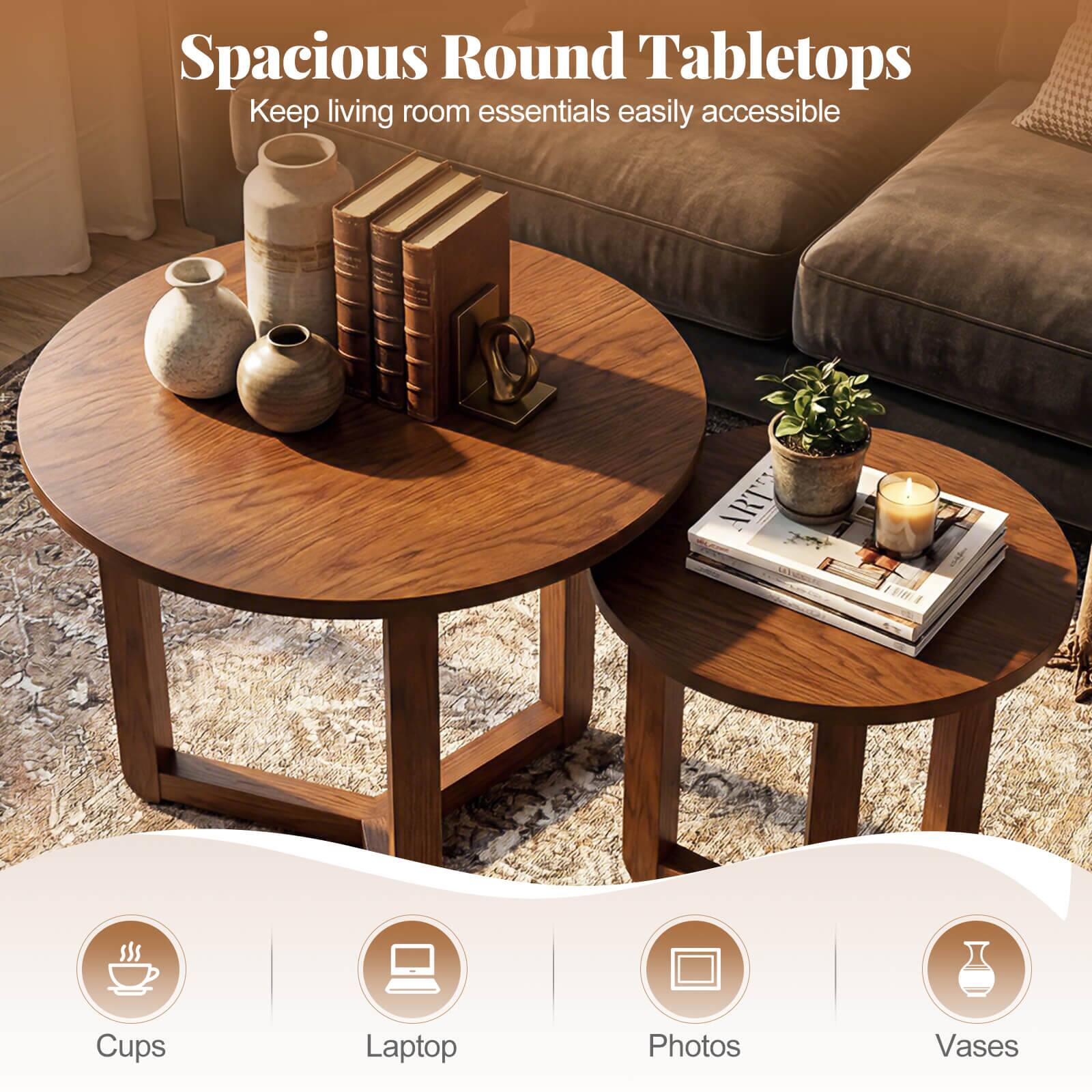 Spacious Round Tabletops  
Keep living room essentials easily accessible  

- Cups  
- Laptop  
- Photos  
- Vases