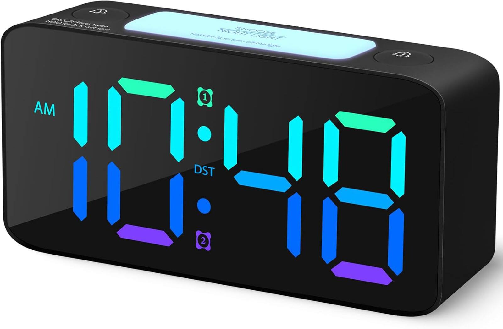 FINEAK - Super Loud Digital Alarm Clock for Heavy Sleepers Adults, 7 Color NightLight - Black