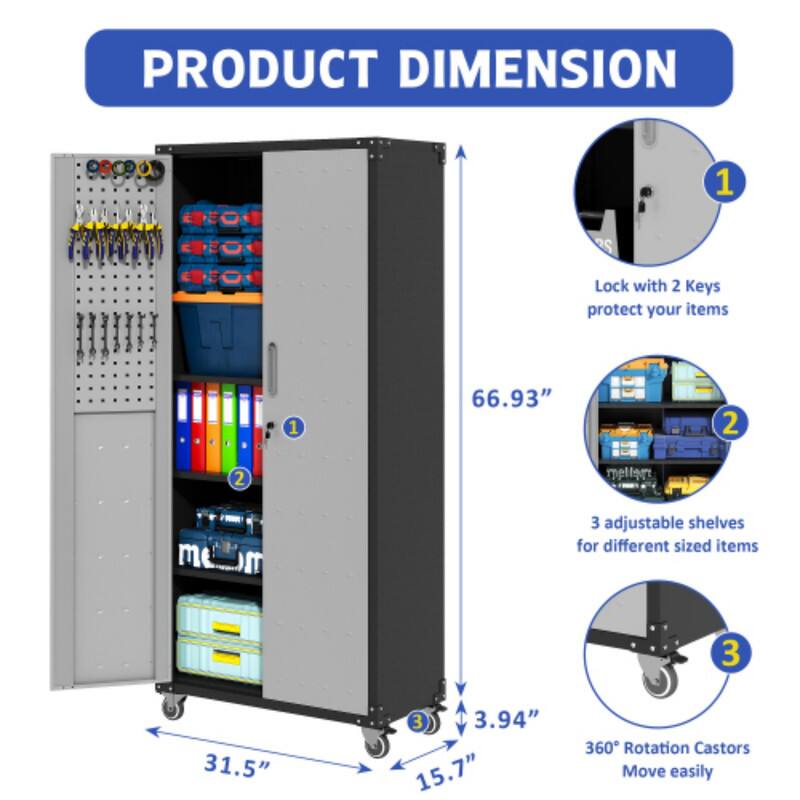 PRODUCT DIMENSION:  
1. Lock with 2 Keys protect your items  
2. 66.93"  
3. 31.5" x 15.7" x 3.94"  
4. 3 adjustable shelves for different sized items  
5. 360° Rotation Castors Move easily