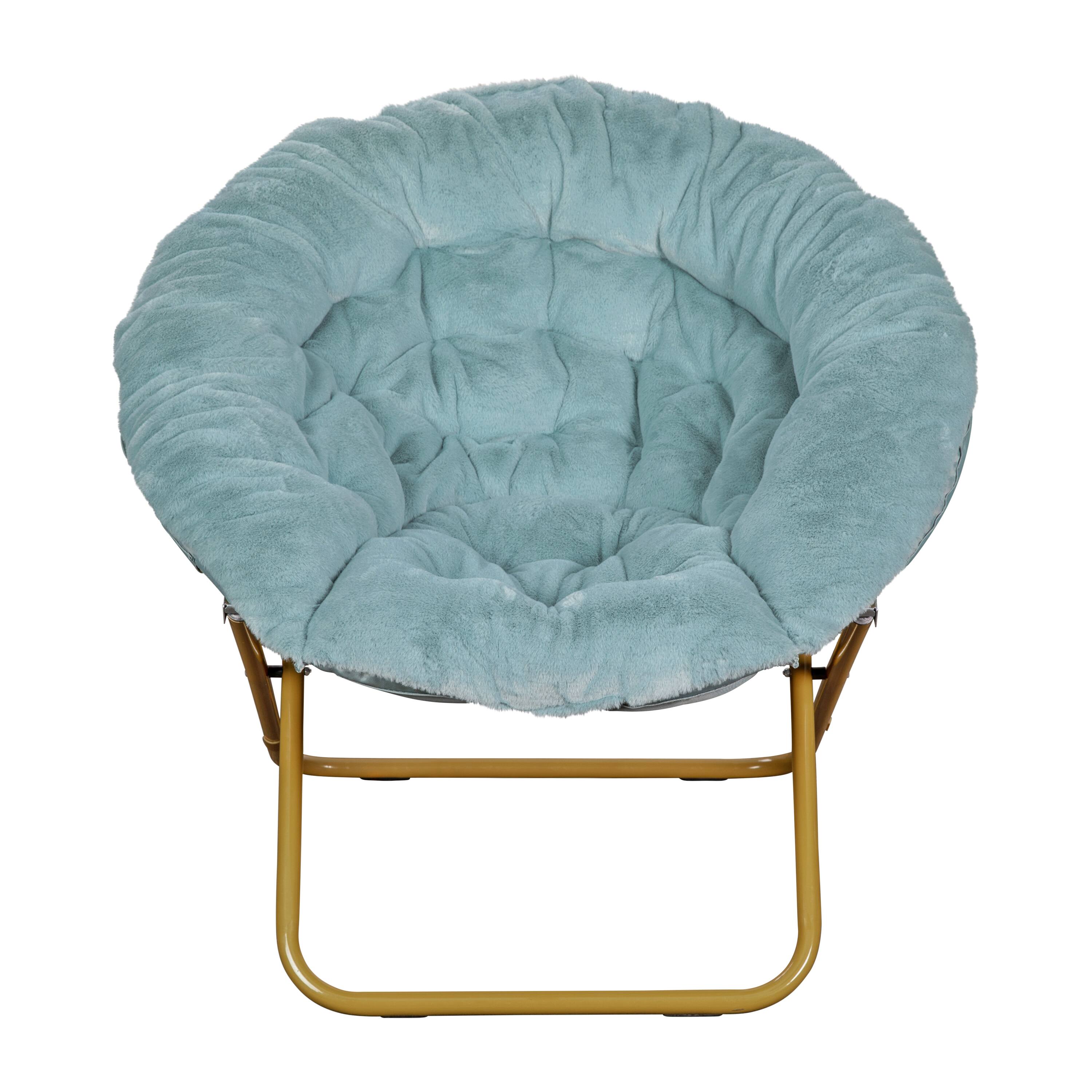 Alt View 9. Emma + Oliver - Ersa Oversize Folding Saucer Chair with Cozy Faux Fur Cushion and Metal Frame for Dorms, Bedrooms, Apartments and More - Dusty Aqua Faux Fur/Soft Gold Frame.